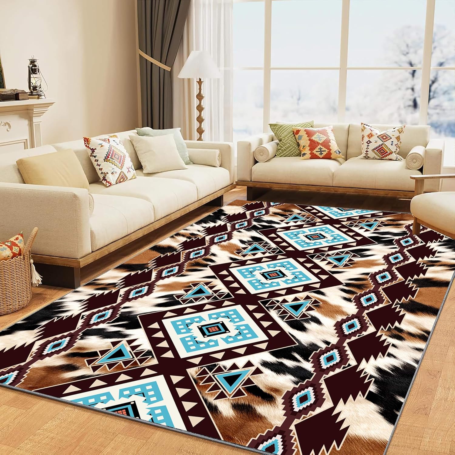 Southwestern Aztec Rugs 3x5 - Cowhide Print Area Rug, Non-Slip & Machine Washable Carpet for Western Living Room, Bedroom, Dining Room & Rustic Decor