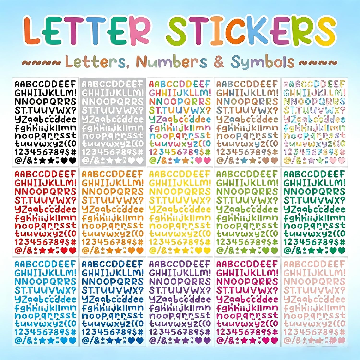 Alphabet Stickers, 15 Sheets, 1500Pcs Multicolor Vinyl Self-Adhesive Letter Number Stickers, ABC Number Labels with Symbols for Mailbox, Door, Sign, Notebook, Classroom Decor, DIY Crafts Art Making