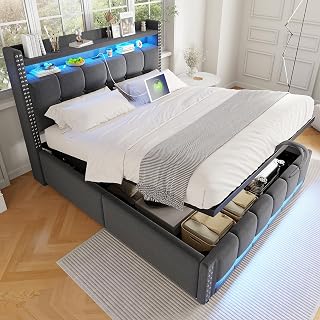 GigaXynium Cama tapizada con iluminación y enchufe USB, cabecero con estantes y espacio de almacenamiento, con sistema hidráulico para almacenamiento, cama doble para adultos (gris con hidráulico, 140