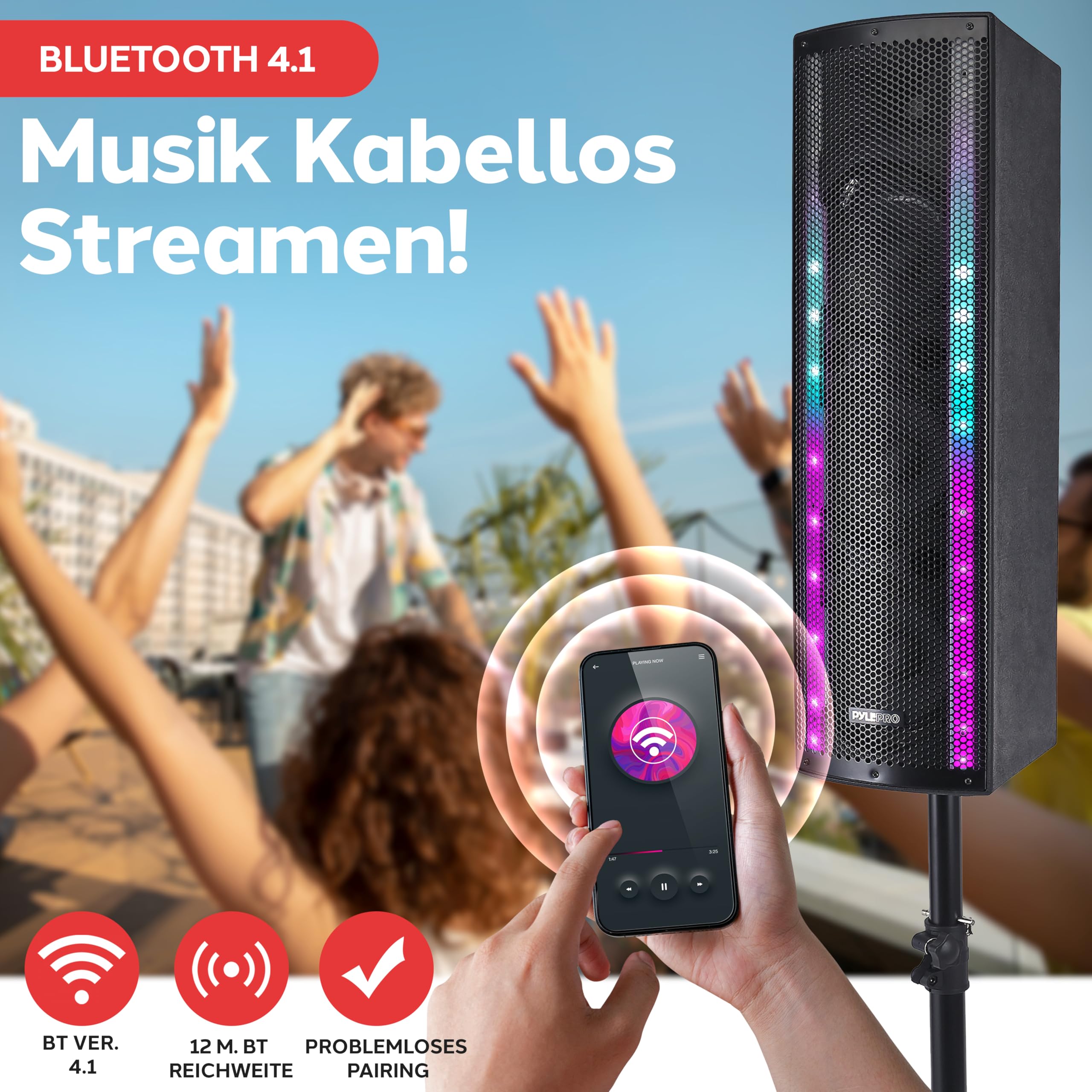 Pyle Tragbares Bluetooth PA-Lautsprechersystem, 3-Wege Aktiver & Passiver Outdoor Bluetooth Lautsprecher Tragbares PA-System mit Mikrofoneingang, Partylichter, FM-Radio -Stativ, Fernbedienung, Schwarz