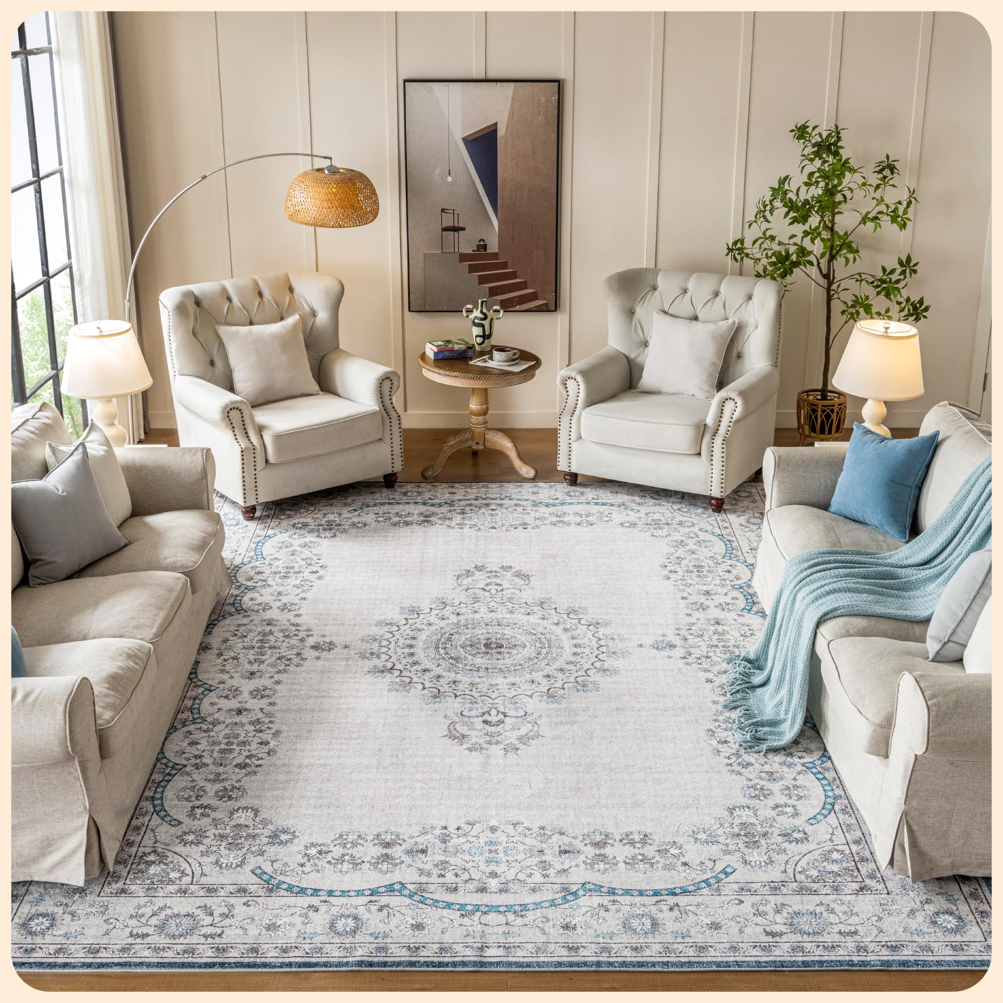 Istana 9x12 Area Rug - Pink Beige Whisper/Grey/Blue Area Rugs - Foldable Washable Area Rugs 9x12 Living Room - Stain Resistant 9x12 Washable Rugs for Living Room - 9x12 Rugs Living Room