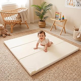Spielmatte Baby Faltbar, Beidseitige PU-Oberfläche 100% Wasserdichtes, 127 x 127 cm, 3 CM Dick, Hochelastischer Schaumstoff, Ideal als Babygeschenk (Elfenbeinweiß, 127x127cm)