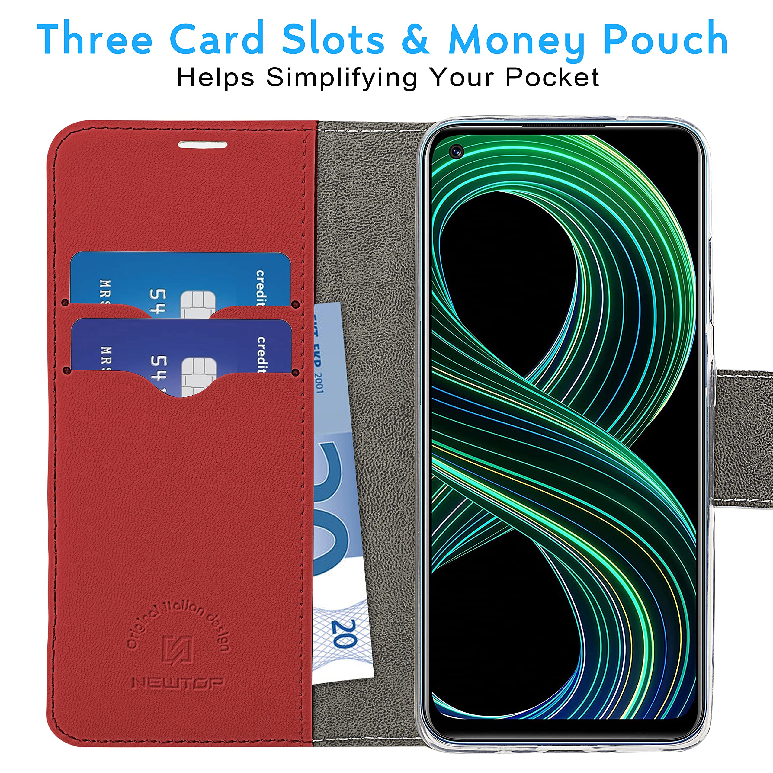 Cover NEWTOP Per Realme 6/6S, Custodia Libro Con Portafoglio, Rossa, Magnetica E Stand
