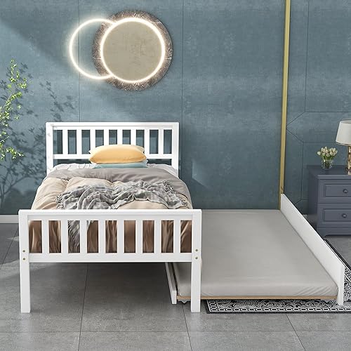 Miniatura 1 de Cama individual con nido base de cama de plataforma de madera con cabecera y estribo para dormitorio espacio de vida pequeño no necesita somier