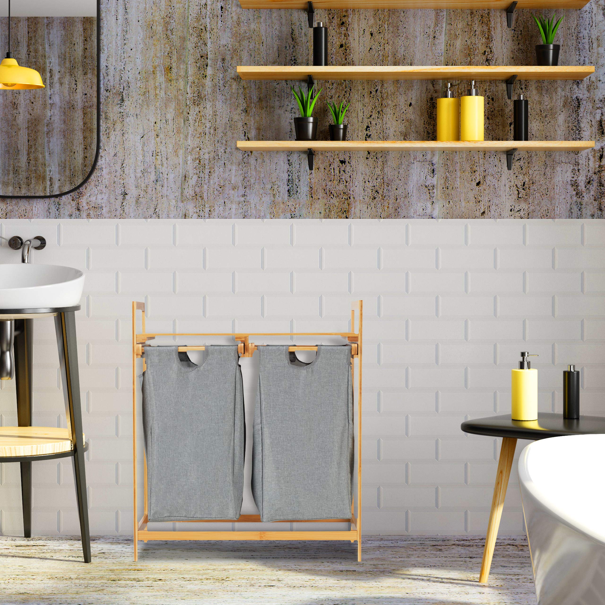 Image secondaire de Panier à Linge en Bambou avec 2 Compartiments - 60L de Capacité