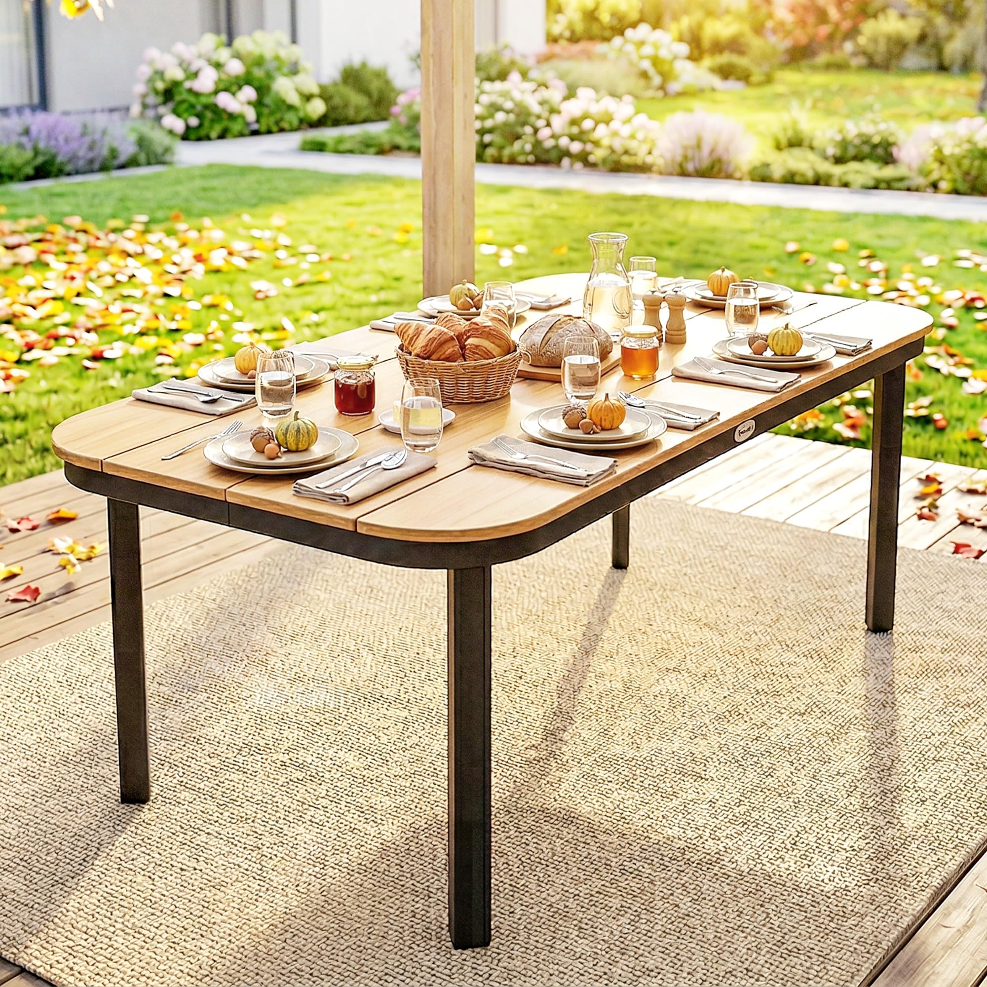 Outsunny Table de Jardin Rectangulaire pour 4-6 Personnes, Plateau en WPC à Lattes, Bords Arrondis, Structure en Métal, Table à Manger de Jardin pour Balcon Terrasse, 155x88x72cm, Naturel