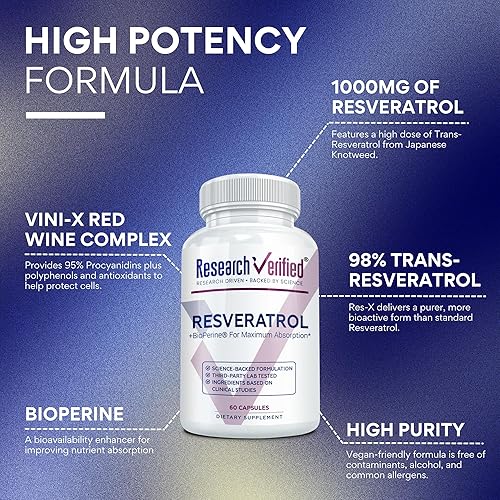 Miniatura 3 de Research Verified Resveratrol - 98% Trans-Resveratrol 1000 mg, Soporte Antienvejecimiento - 60 Cápsulas por Botella - 6 Botellas