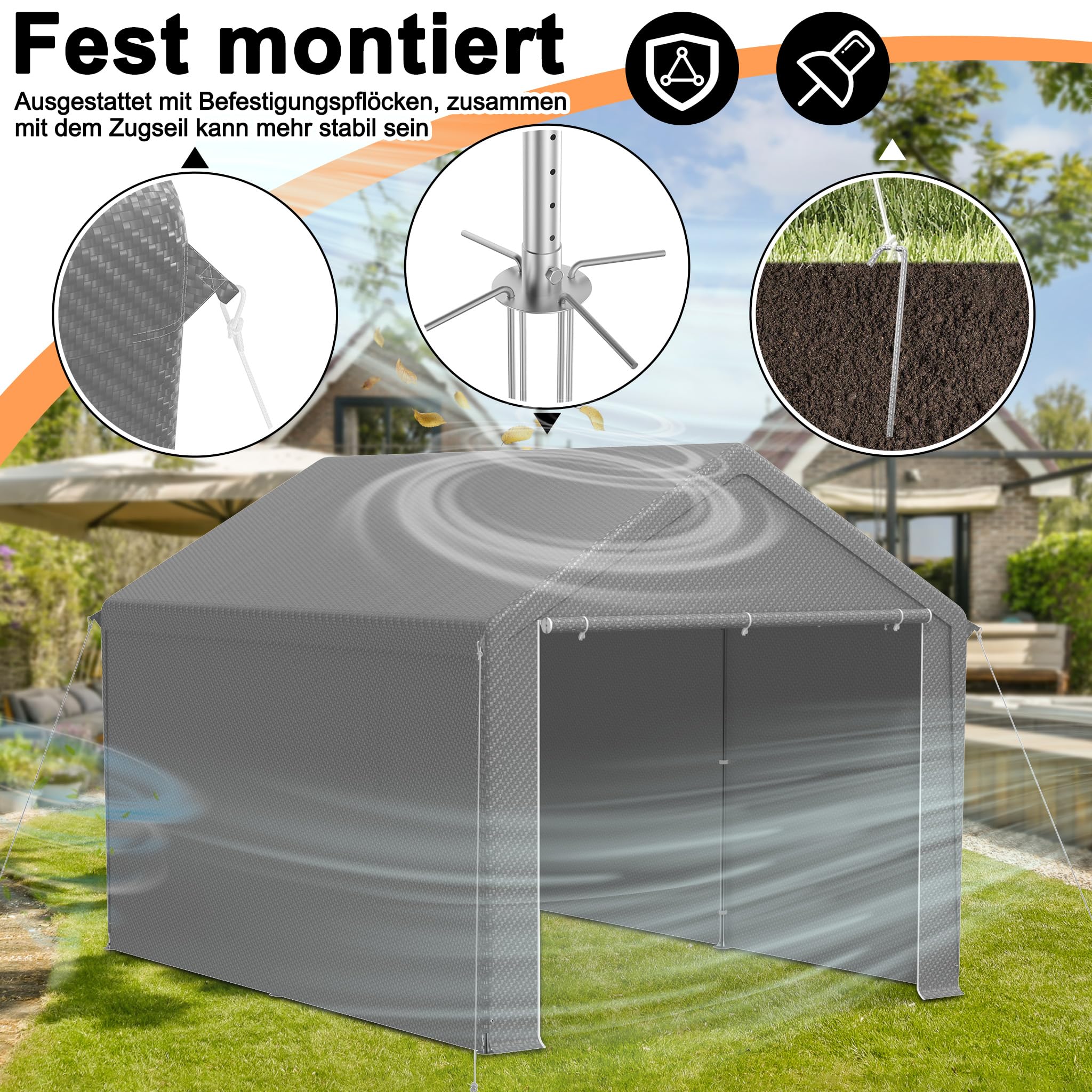 Aufun Carport Zeltgarage 3x4m, Wasserdichtes Lagerzelt mit PE-Dach, Reißenresistenter Garagenzelt mit abnehmbaren Seitenwänden, UV-beständig Winterfest Unterstand für Auto, SUV, LKW, Boot, Grau