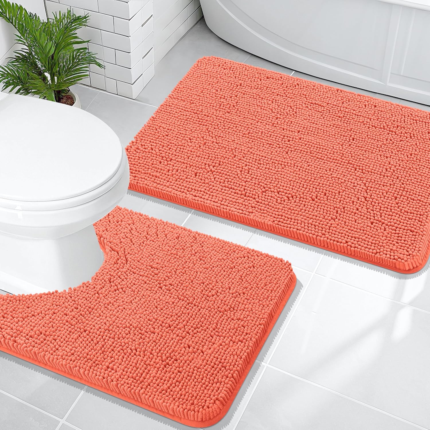 OLANLY Bathroom Rugs Sets 2 Piece, Soft Absorbent Chenille Bath Mats and U-Shaped Contour Toilet Mat Area Rug Set, Machine Washable Bath Carpet, Home Decor Accessories(30"x20"+24"x20", Coral) 30" x 20" + U Shape 24" x 20" Coral