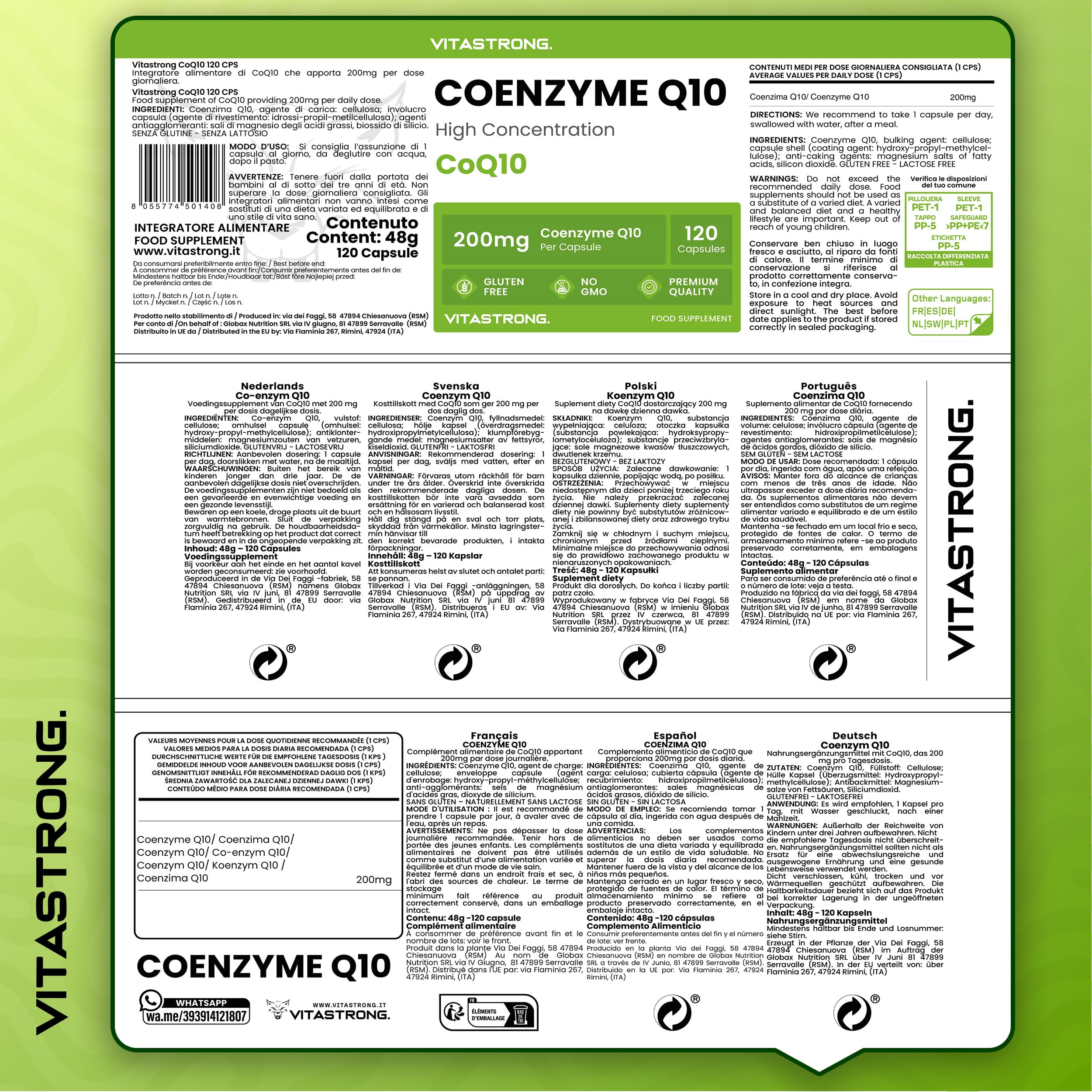 Coenzima Q10 200mg Alto Dosaggio, 1 Capsula al Giorno per 4 Mesi, 120 Capsule CoQ10 200mg Ognuna, Q10 Coenzima Premium Quality, Senza Glutine né OGM, Integratore Made in Italy Certificato