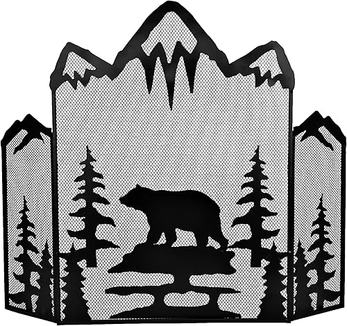 BestGiftEver Pantalla decorativa para chimenea de 3 paneles con un majestuoso oso de montaña, cubierta de chimenea independiente de malla metálica,
