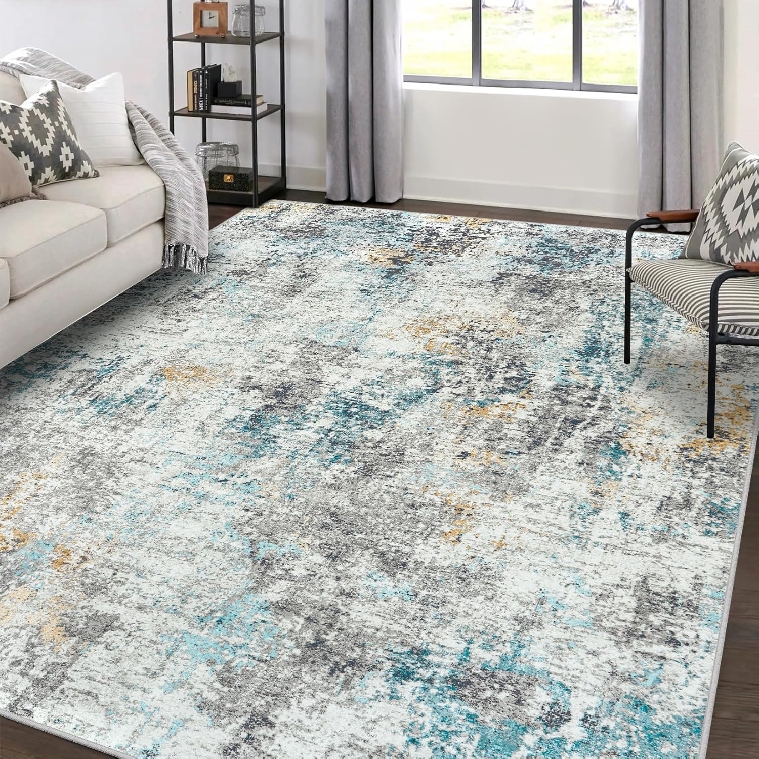 Area Rugs 9x12 Living Room: Large Soft Washable Rug Modern Abstract Anti-Skid Non-Shedding Carpet Indoor Floor Thin Carpets for Bedroom Dining Room Farmhouse Nursery Home Office Multi Multi Color 9' x 12' (Rectangular)