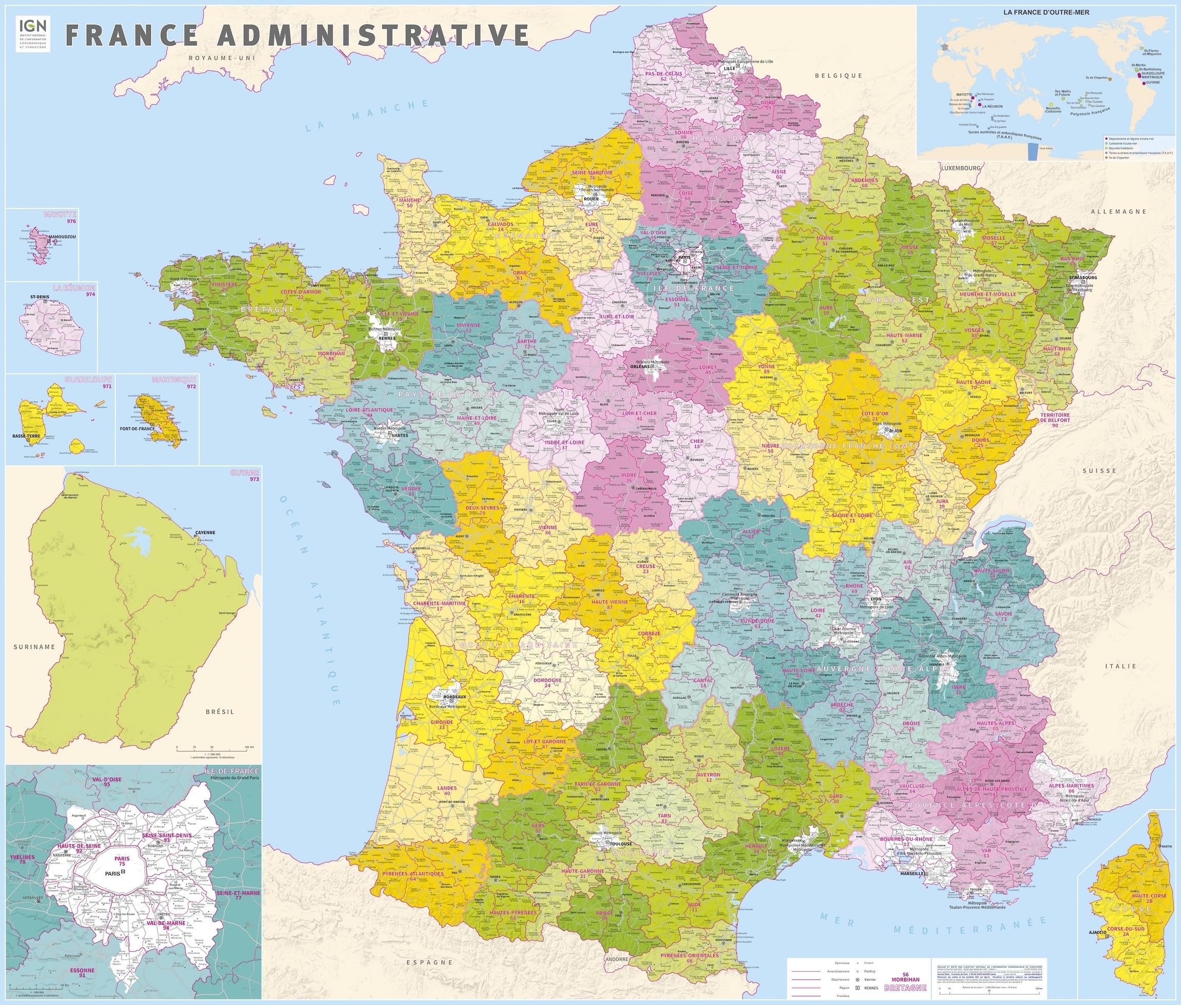 France counties & districts wall map laminated