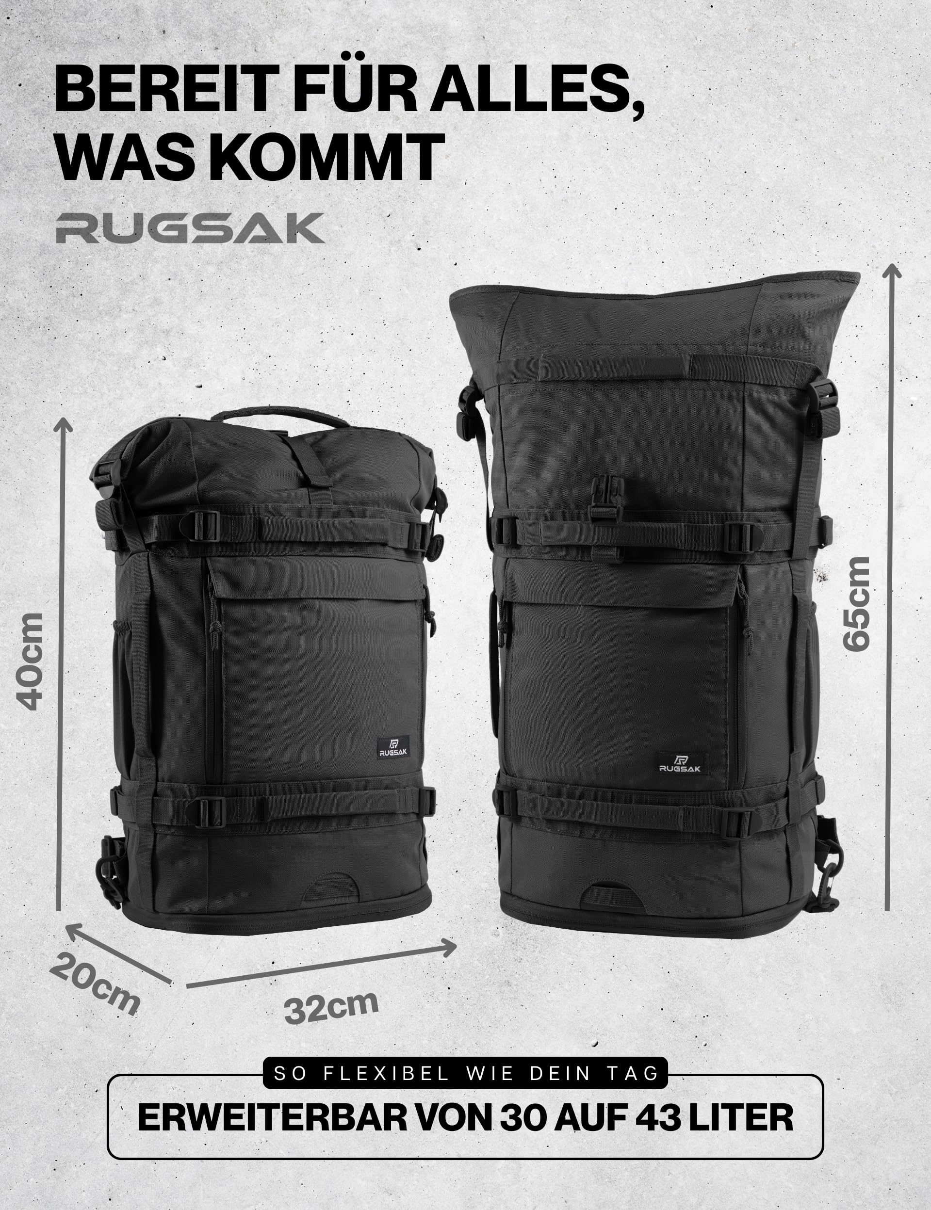 Explorer | Rolltop backpack men & women [30-40L] 18 laptop backpack | Cabin luggage travel backpack large | Water repellent | Weekender for work university hiking outdoor survival travel and camping