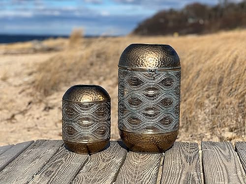 Miniatura 6 de Faroles marroquíes de metal para templos huracanes de piso de lujo juego de 2 para velas LED o de cera hierro sellado pátina envejecida parte