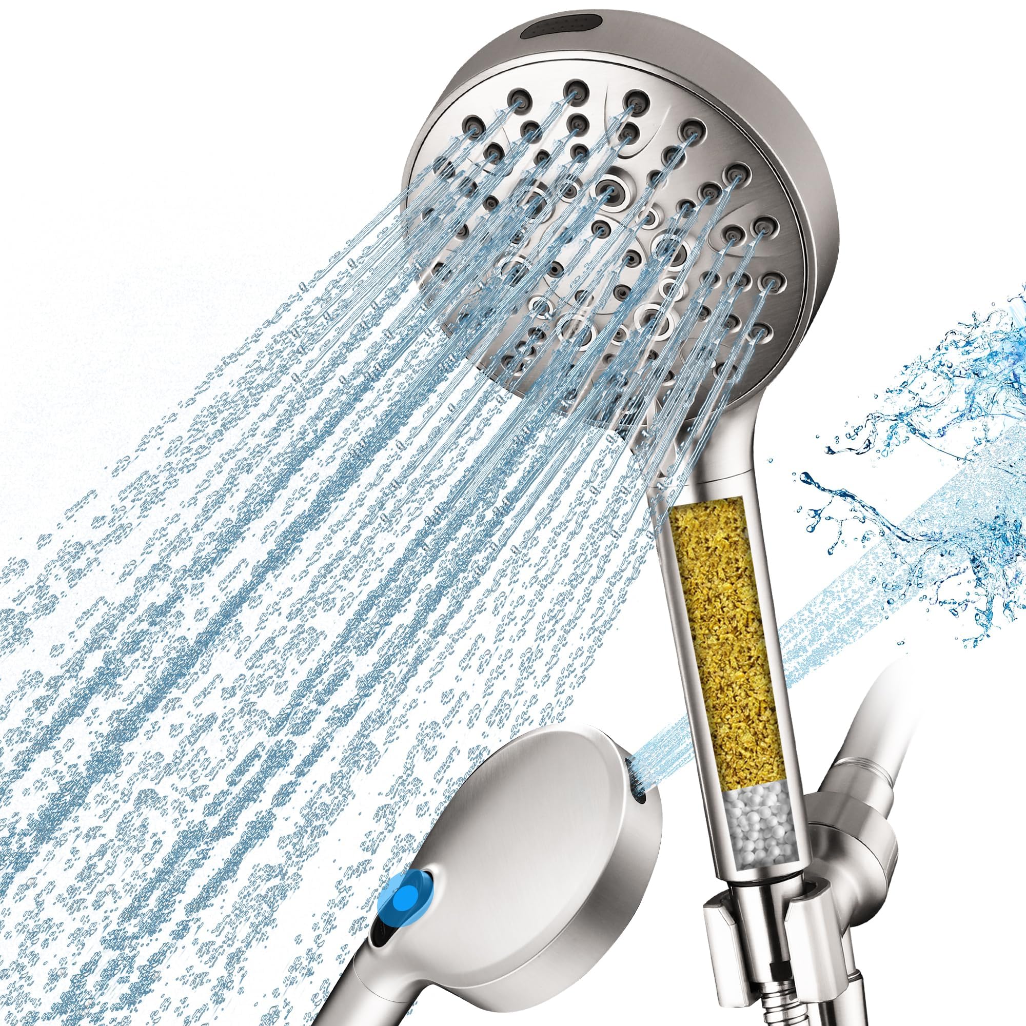 BRIGHT SHOWERS Soffione doccia filtrato con doccetta, ad alta pressione, 9 modalità di spruzzo, con tubo lungo e staffa, addolcitore d'acqua filtra le perle per acqua dura, rimuove cloro, nichel