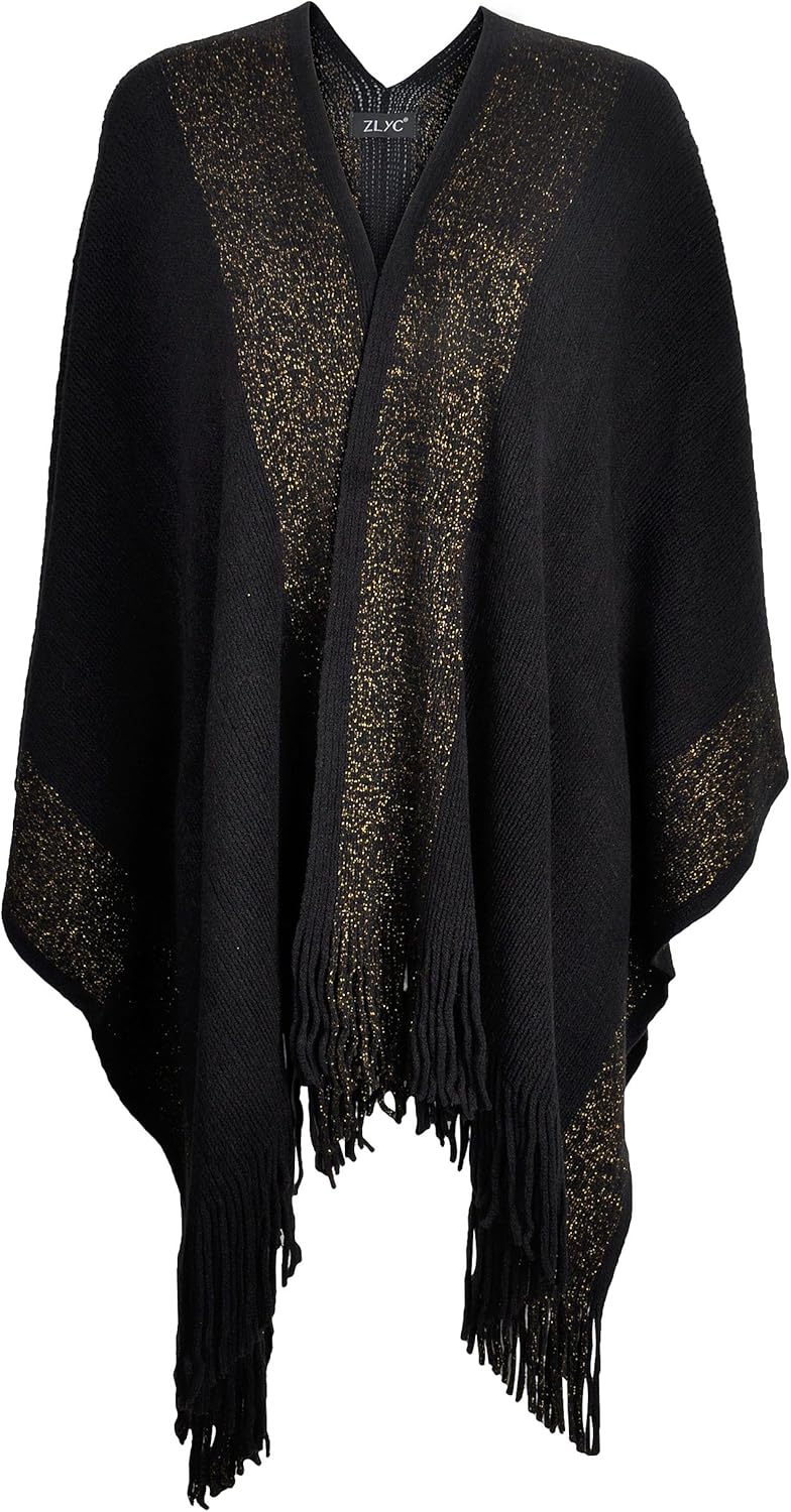 ZLYC Women's Shawl Golden Trim Knit Blanket Wrap Fringe Poncho Coat Cardigan