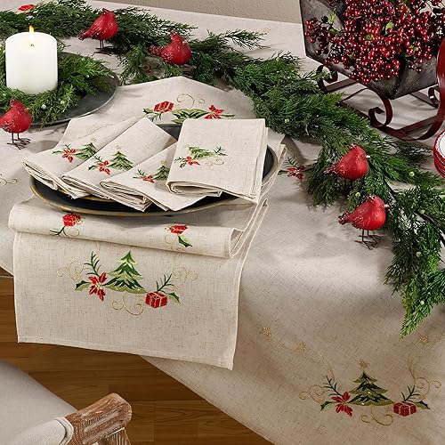 Vista 12 de SARO LIFESTYLE Mantel bordado de mezcla de lino con diseño de árbol de Navidad, natural, 67 x 180 pulgadas