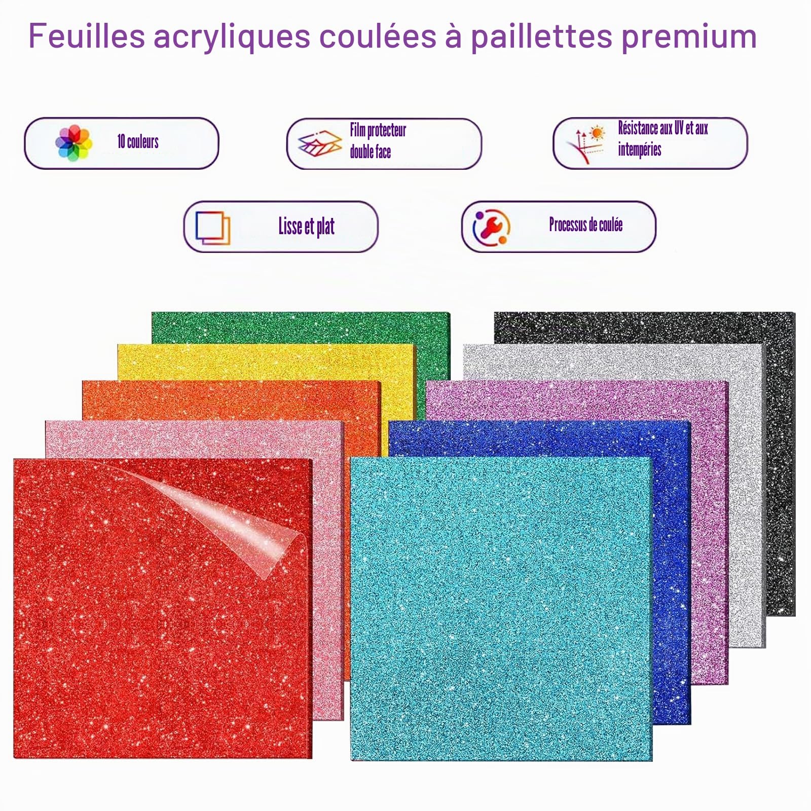 Lot de 10 plaques acryliques pailletées - 3 mm - À découper au laser - Pour bricolage, bijoux, artisanat, cadres photo, panneaux, projets d'exposition - 20 x 20 cm