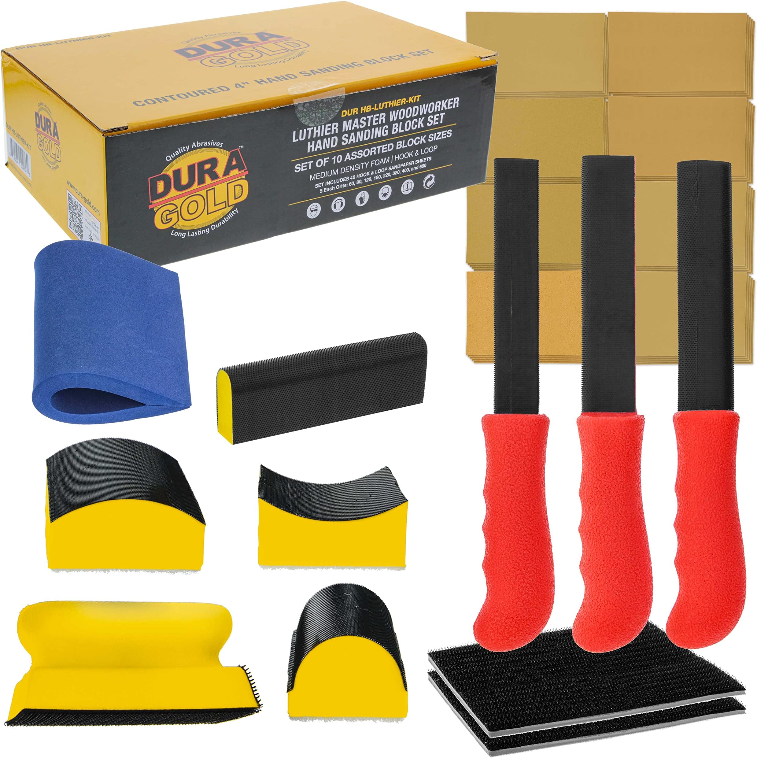 Dura-Gold Luthier Acoustic Guitar Master Woodworker Hand Sanding Block Set with 40 Sheet Hook & Loop Sandpaper Kit - Music Radius Repair Tools, Convex & Concave Profile Shapes, File Sticks - Sand Wood