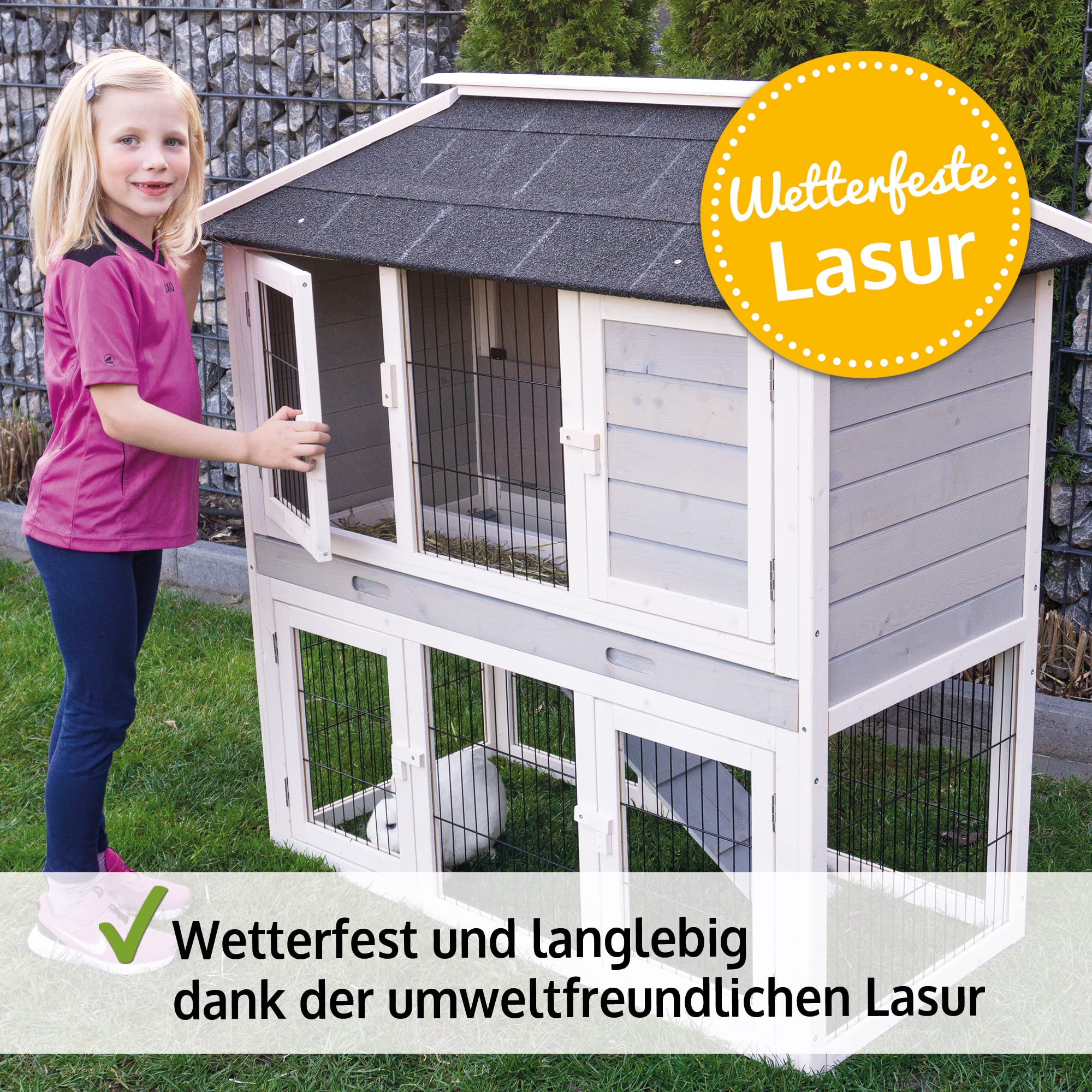 zooprinz Kaninchenstall – Hasenstall mit Schublade | Kleintierstall in natürlicher Farbe gestrichen – einfach zu reinigen, für drinnen & draußen geeignet