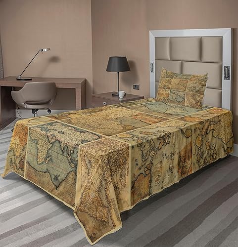 Vista 305 de Lunarable Sábana encimera de mapa del mundo, collage antiguo de mapas del Atlas antiguos, estampado vintage del grupo de civilización, suave y Beige