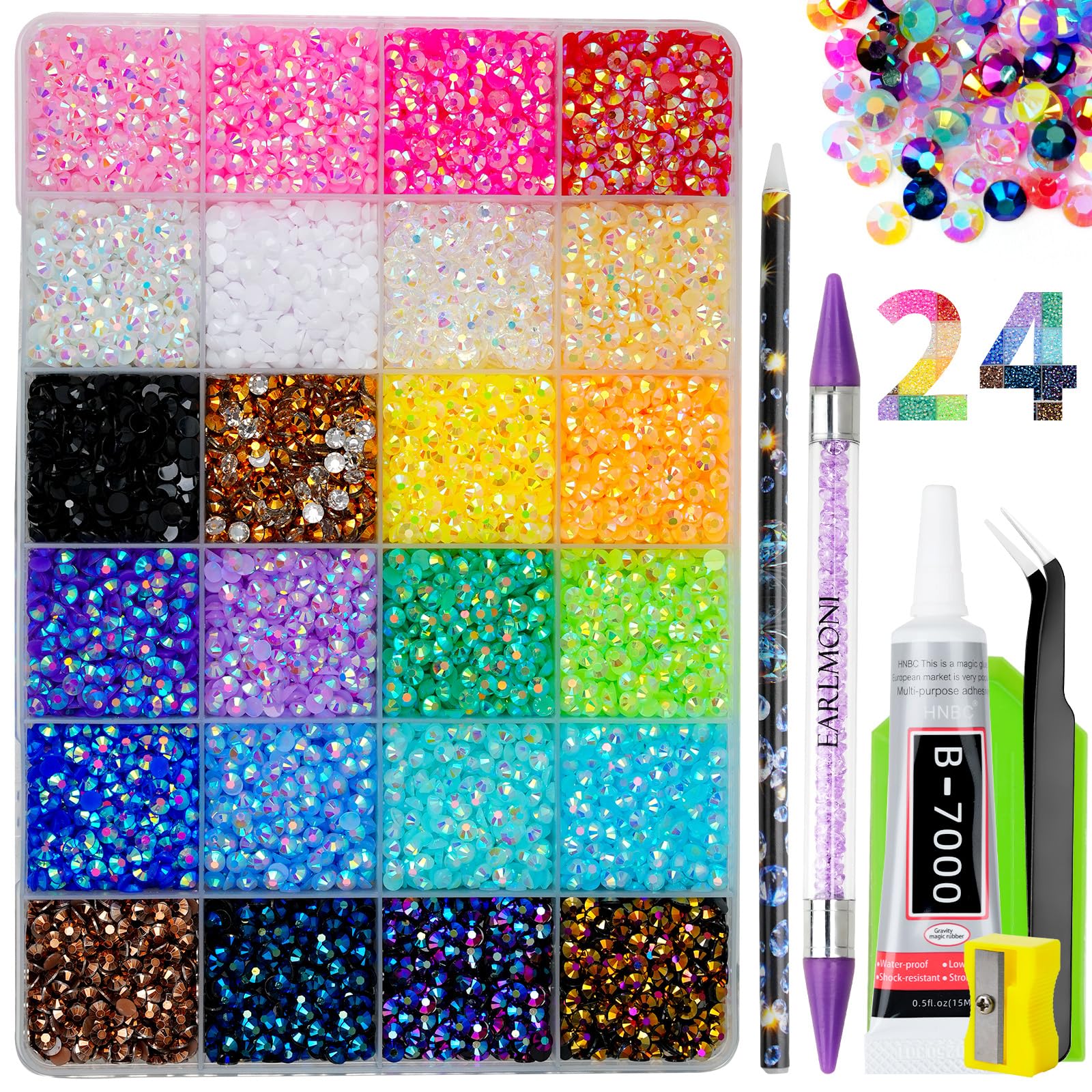 30000Pcs Resin Jelly Rhinestones for Bedazzling, EARLMONI Flatback Gems Bedazzler Kit with 15ml B7000 Jewelry Glue Rhinestones Picker Tool (4mm 24 Colors)-image-33
