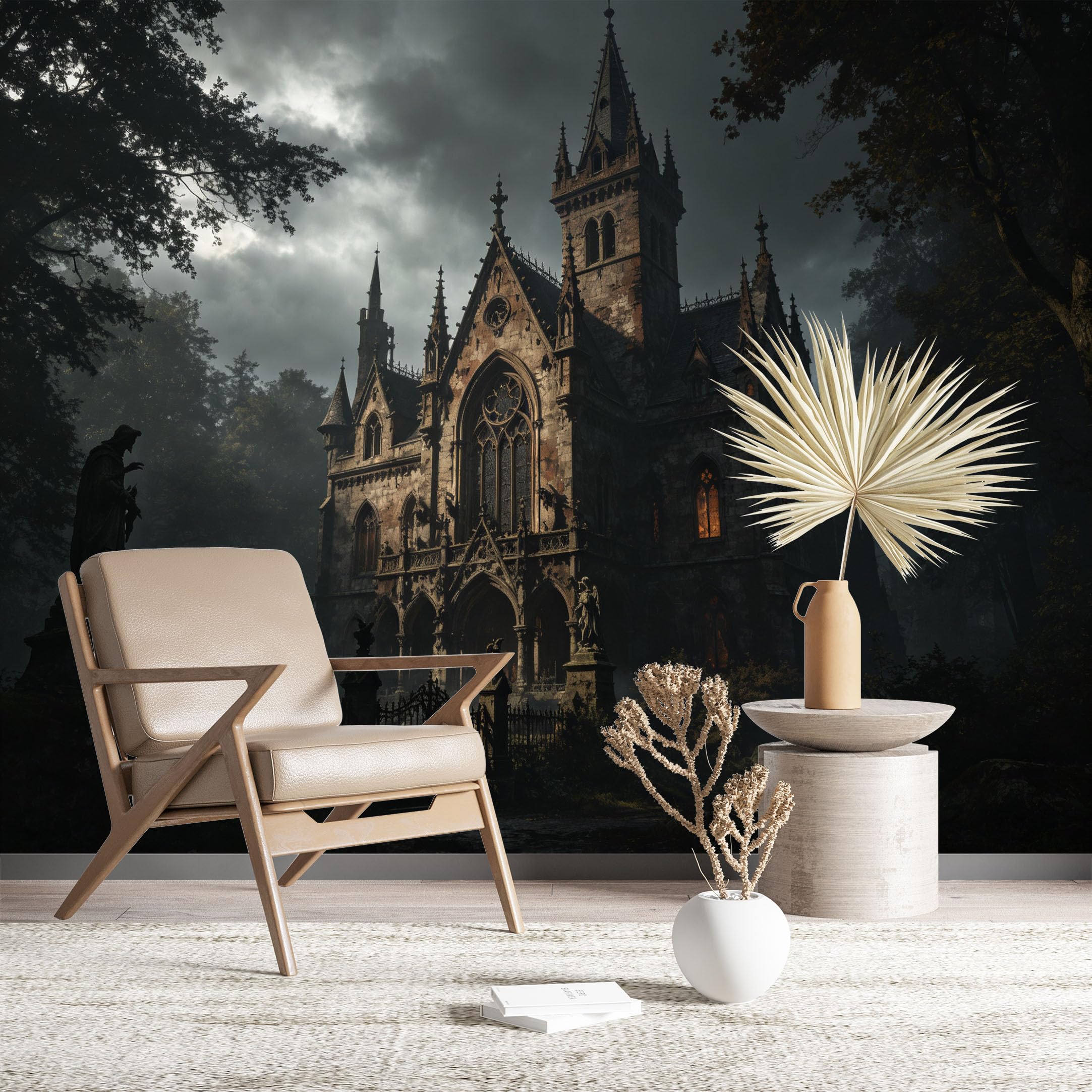 Custom Size Wall Murals Gothic Haunted Castle in Misty Forest Wall Covering Fabric Self-Adhesive Wall Fabric (NO PVC) Removable Wallpaper for Living Room Home Decor