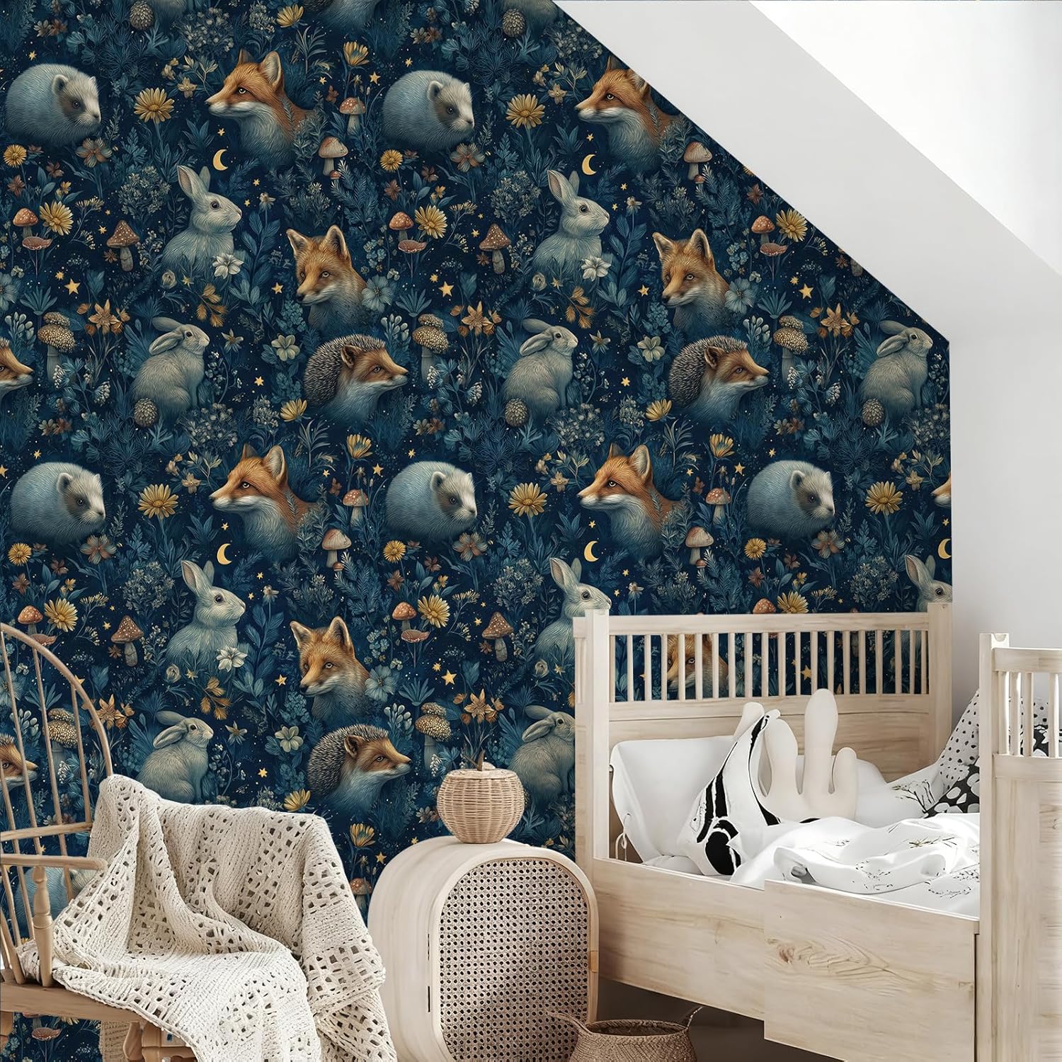 Night Animal Wallpaper Star Moon Tone Peel and Stick Removable 17.7" x 118.11" Floral & Mushroom Detail Wall Paper Self Adhesive for Classroom Bedroom Laundry Room Bathroom