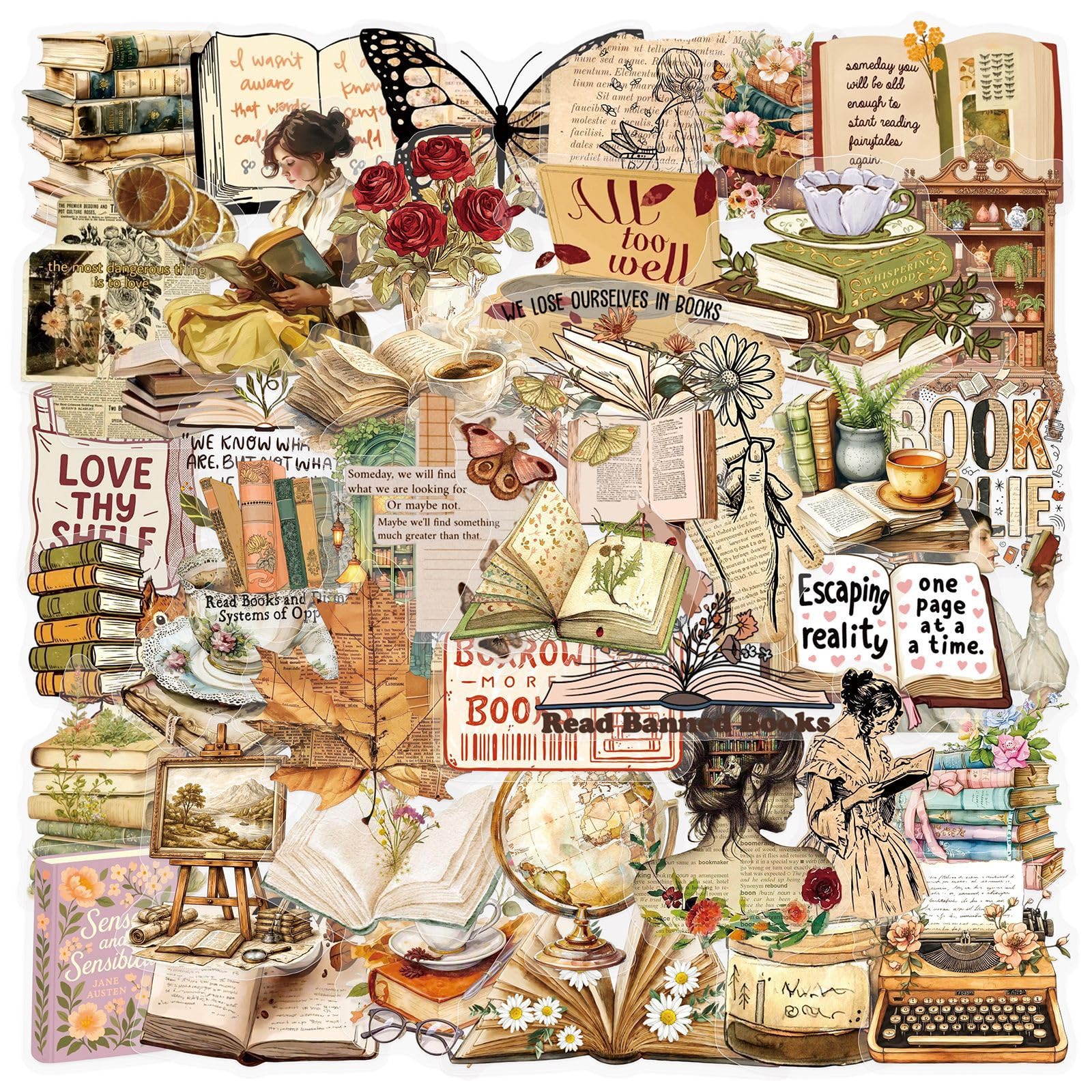 50 Pieces Retro Reading Transparent Stickers for Scrapbooking, (Reading)