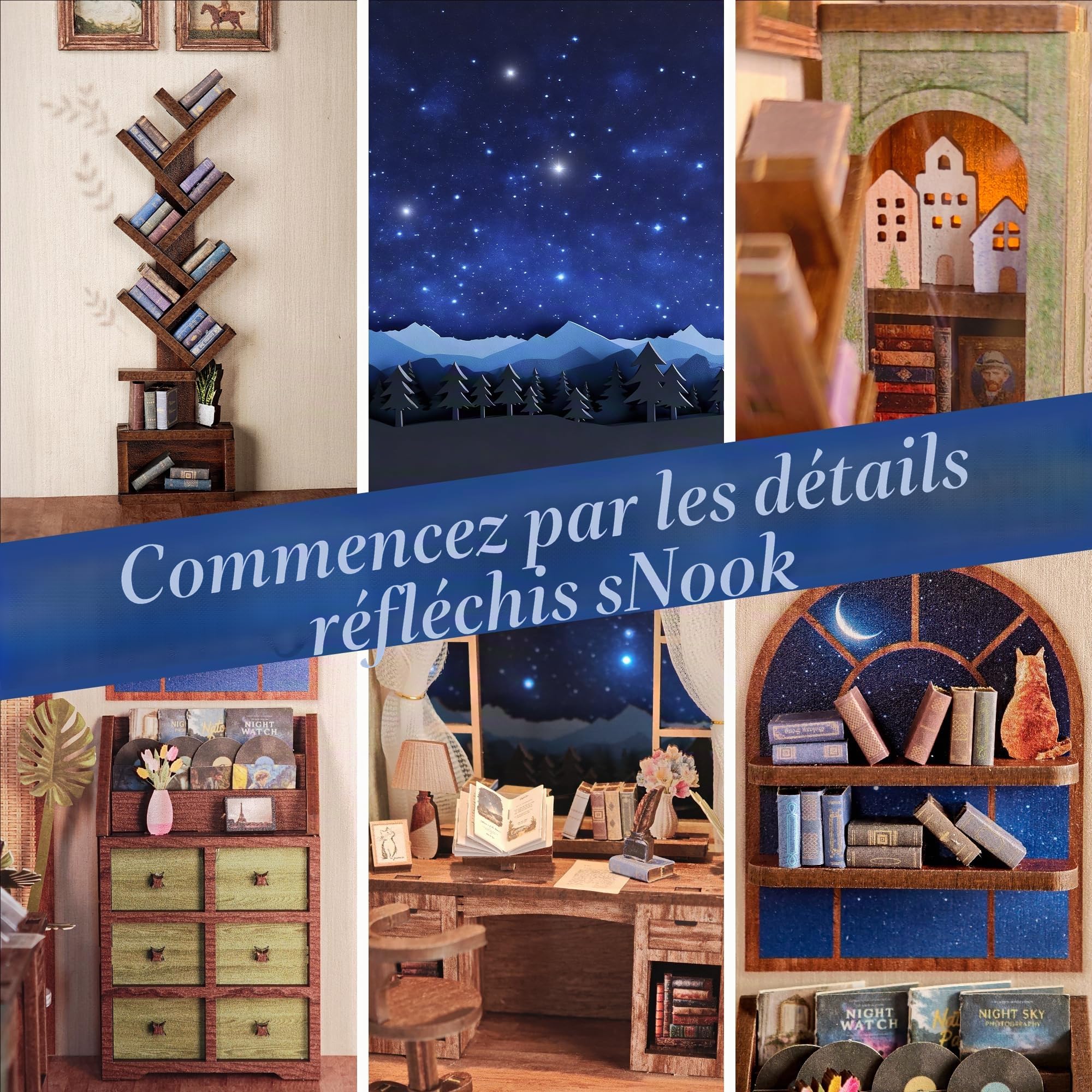 DolphinIsle - Kits de coin de lecture pour adultes, décor de bibliothèque DIY Booknook 3D en bois avec puzzle étoiles et coin lecture scintillant avec ciel étoilé