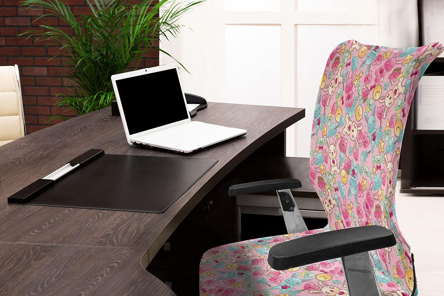 Ambesonne Cartoon Office Chair Cover, Kawaii Bunnies Ice Cream and Candies Doodle Cartoon Drawing Abstract, Stretchable Decorative Universal Size High Back Printed Slipcover, Turquoise Mustard