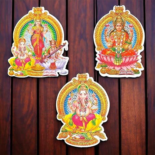Miniatura 5 de LOVENSPIRE 6CT Ganesha Laxmi y Saraswati - Adhesivo decorativo de pared fácil de despegar, efecto de purpurina premium, calcomanía de pared de Pooja
