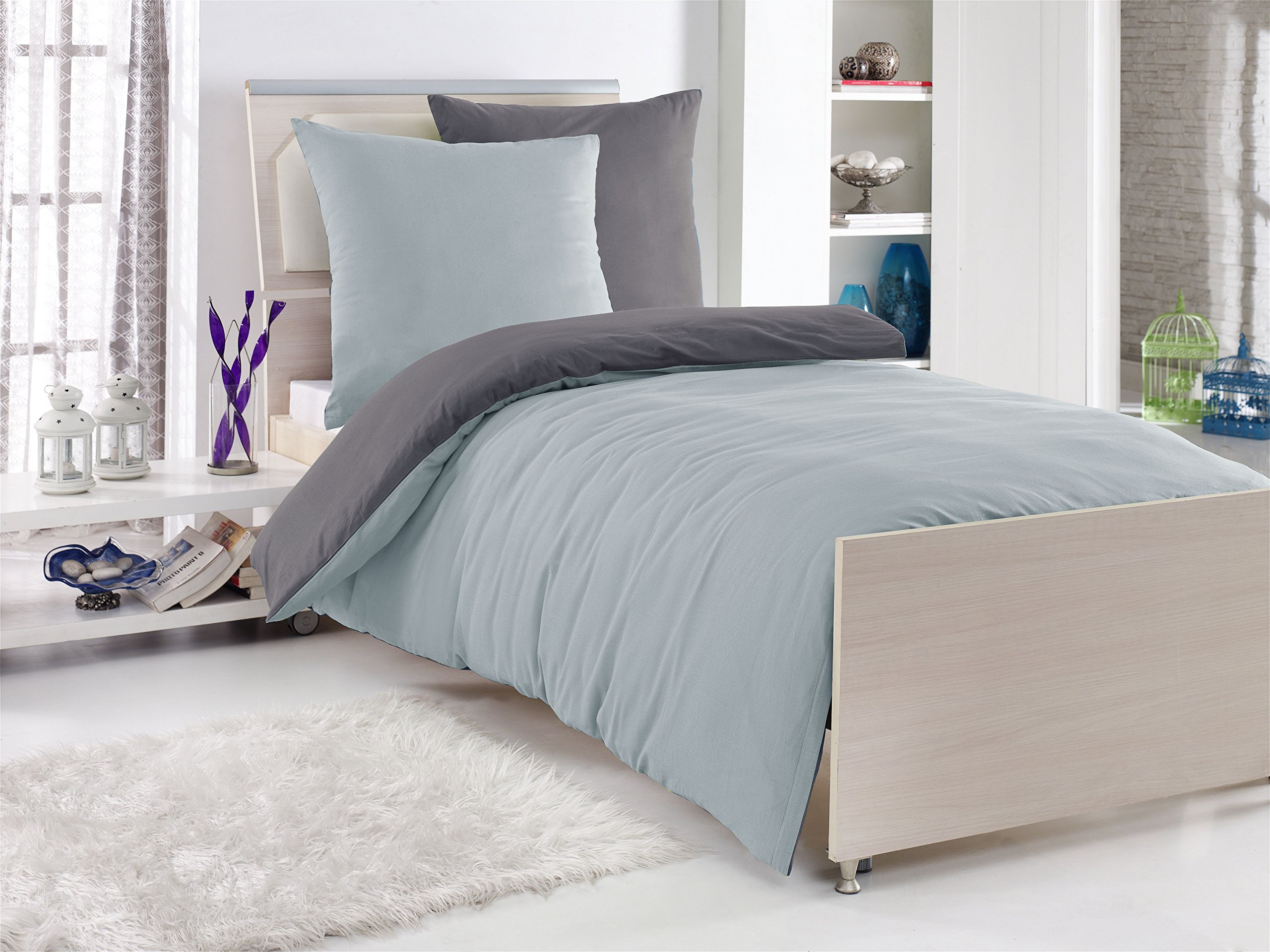 4 teilig Renforcé Uni Wende Bettwäsche 135x200 + 80x80 cm 100% Baumwolle RV (ANTHRAZIT/Silber)