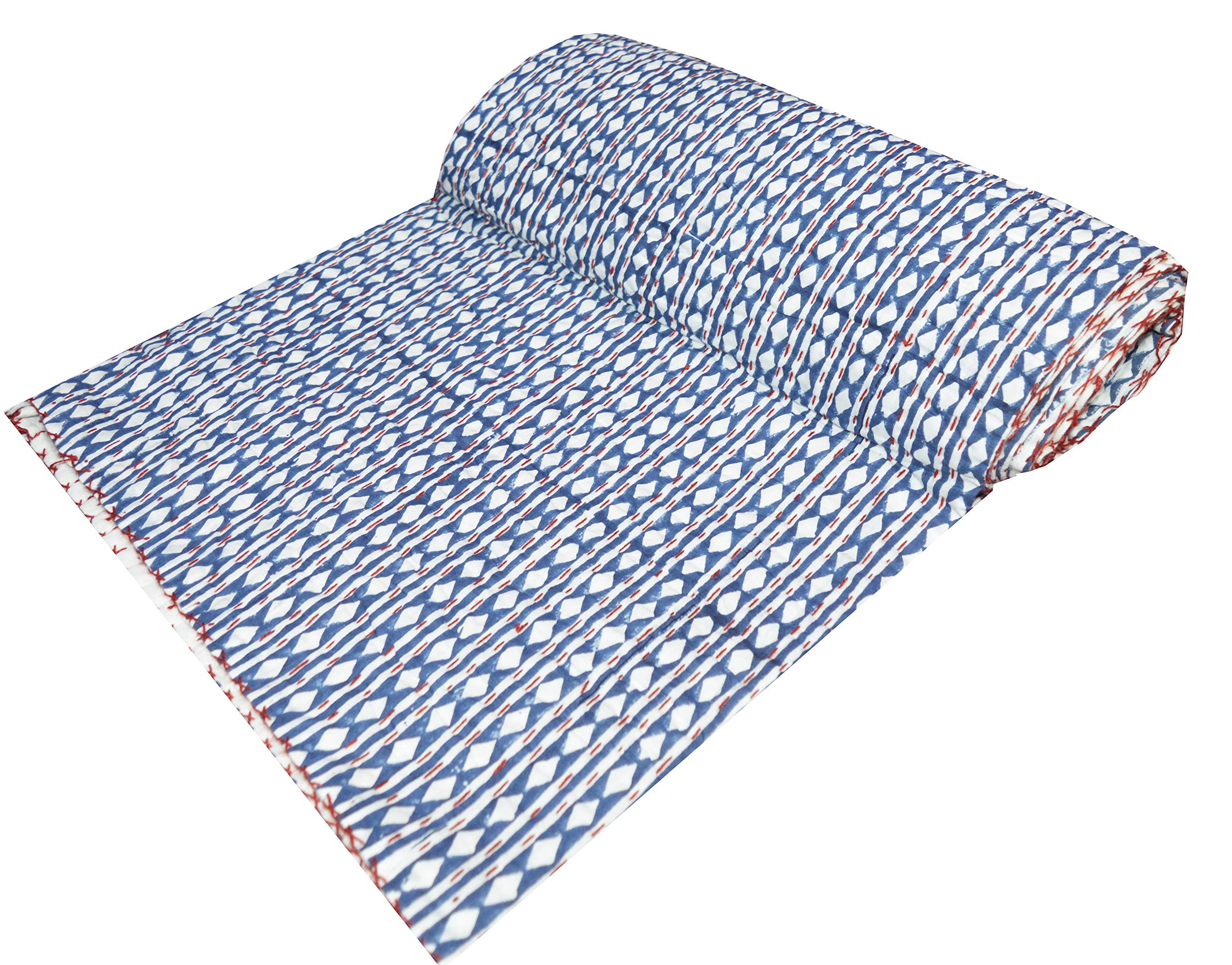 V Vedant Designs Indian Hand Block Handmade Ikat Print Kantha Quilt Bedsheet Twin Size Bedspread