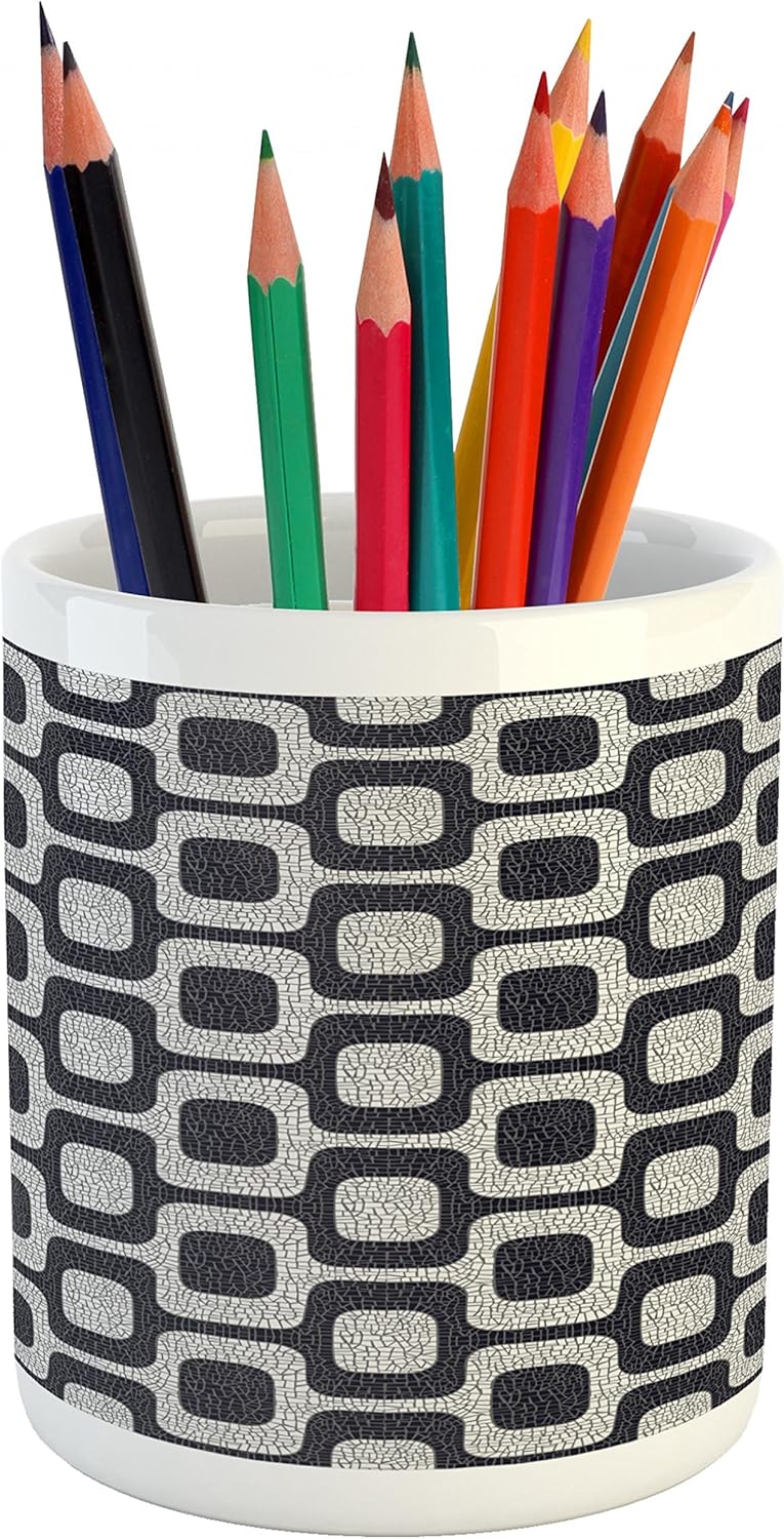 Ambesonne Abstract Pencil Pen Holder, Modern White and Black Wave Pavement Pattern Fractal Looking Mosaic, Printed Ceramic Pencil Pen Holder for Desk Office Accessory, Black Pale Grey White