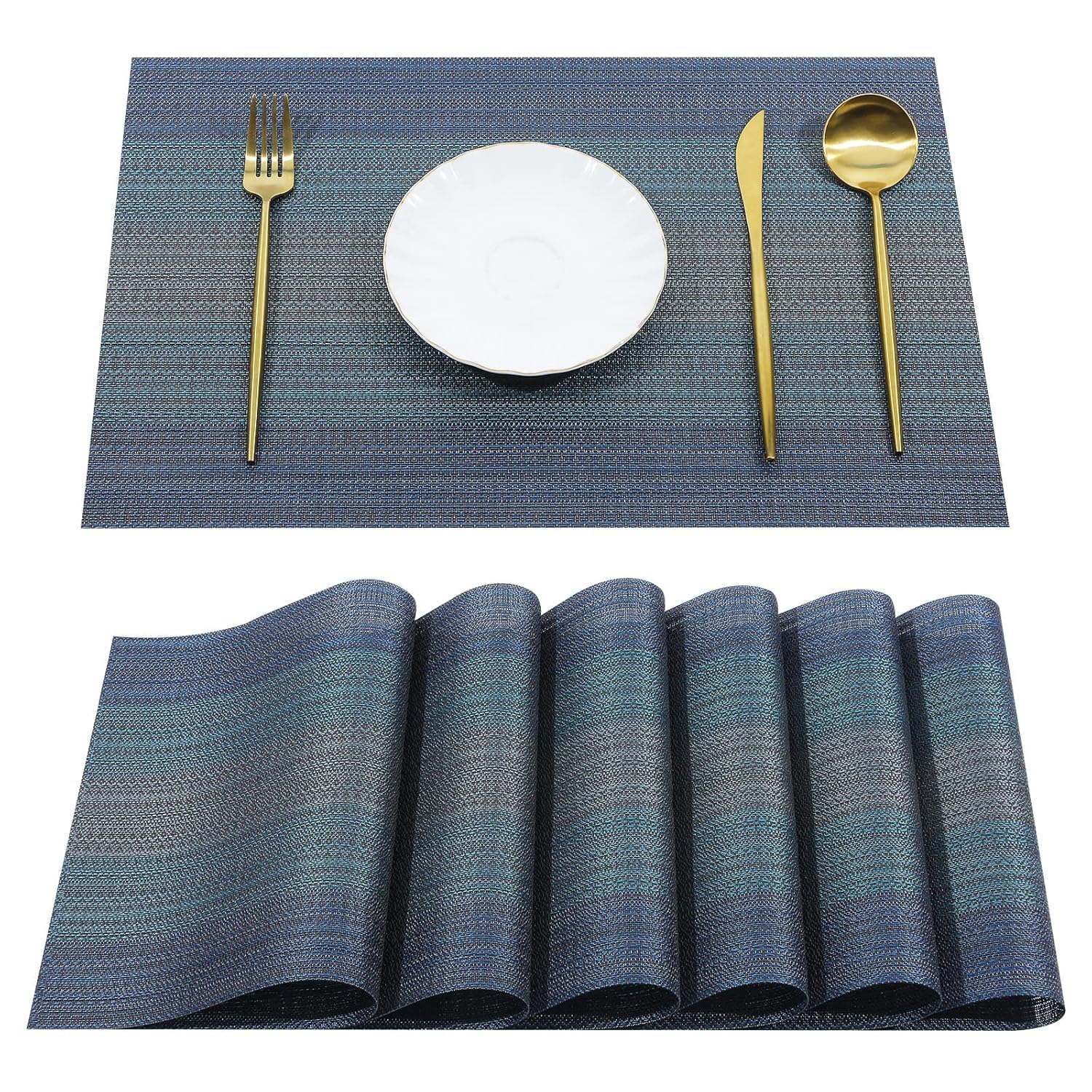 FIDEO Blue PVC Placemats Mats Set of 4 | Heat Resistant Non Slip Washable Dining Table Place Mats | for Kitchen, Dining, Room, Home, Restaurant, Table Protection