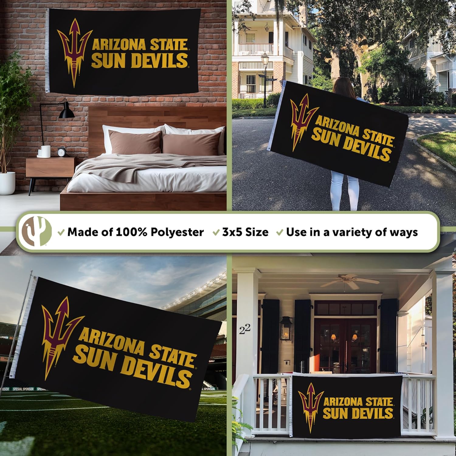 Desert Cactus Arizona State University ASU Flag - 3 x 5 Feet Devils Banner, Indoor/Outdoor Durable Fabric, 100% Polyester Design (Style A) - Image 3