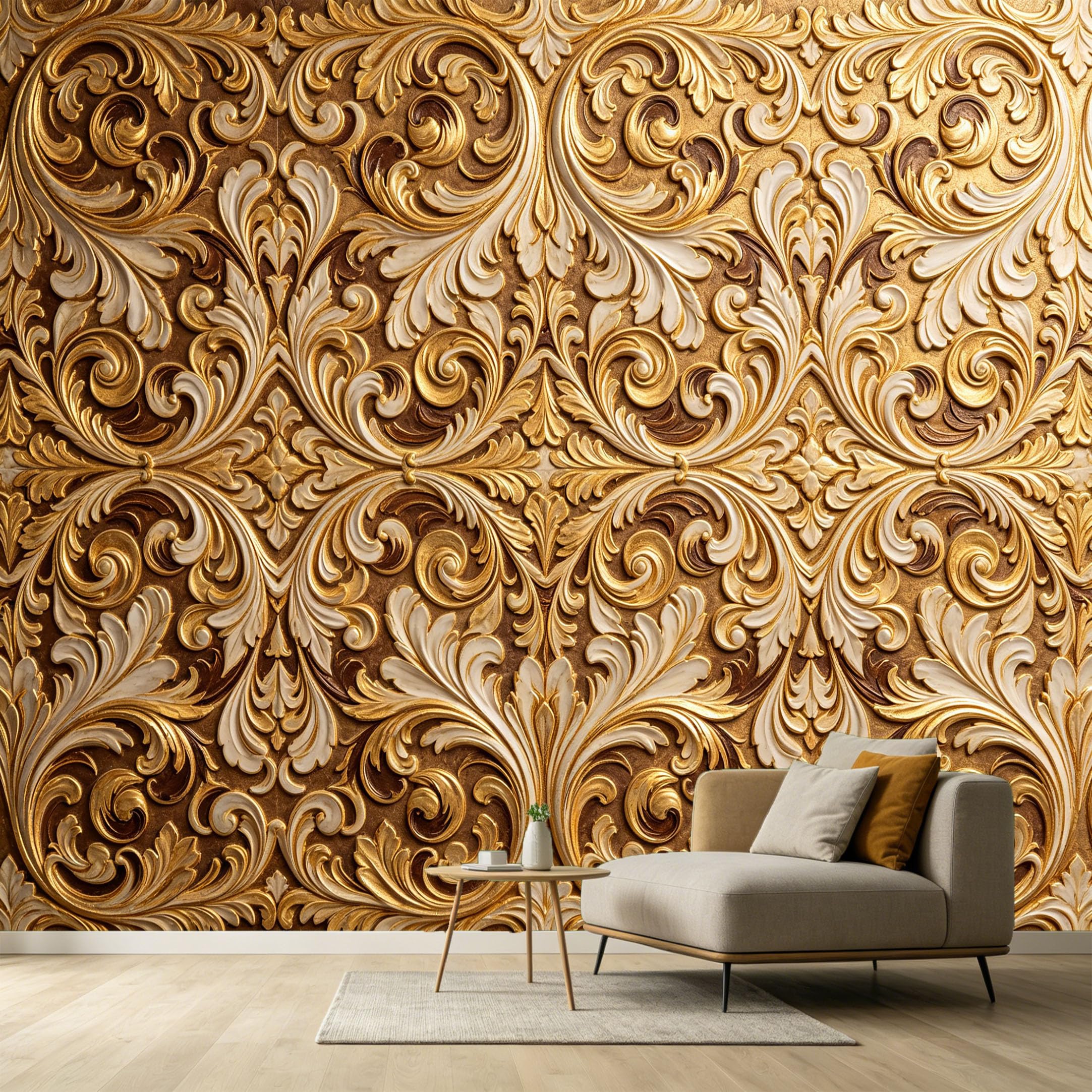 Custom Size Wall Murals Neoclassical Vintage Gold Leaf Floral Scrollwork Textured 3D Trompe L'Oeil SelfAdhesive Wall Fabric Removable Large Wallpaper for Photo Living Room