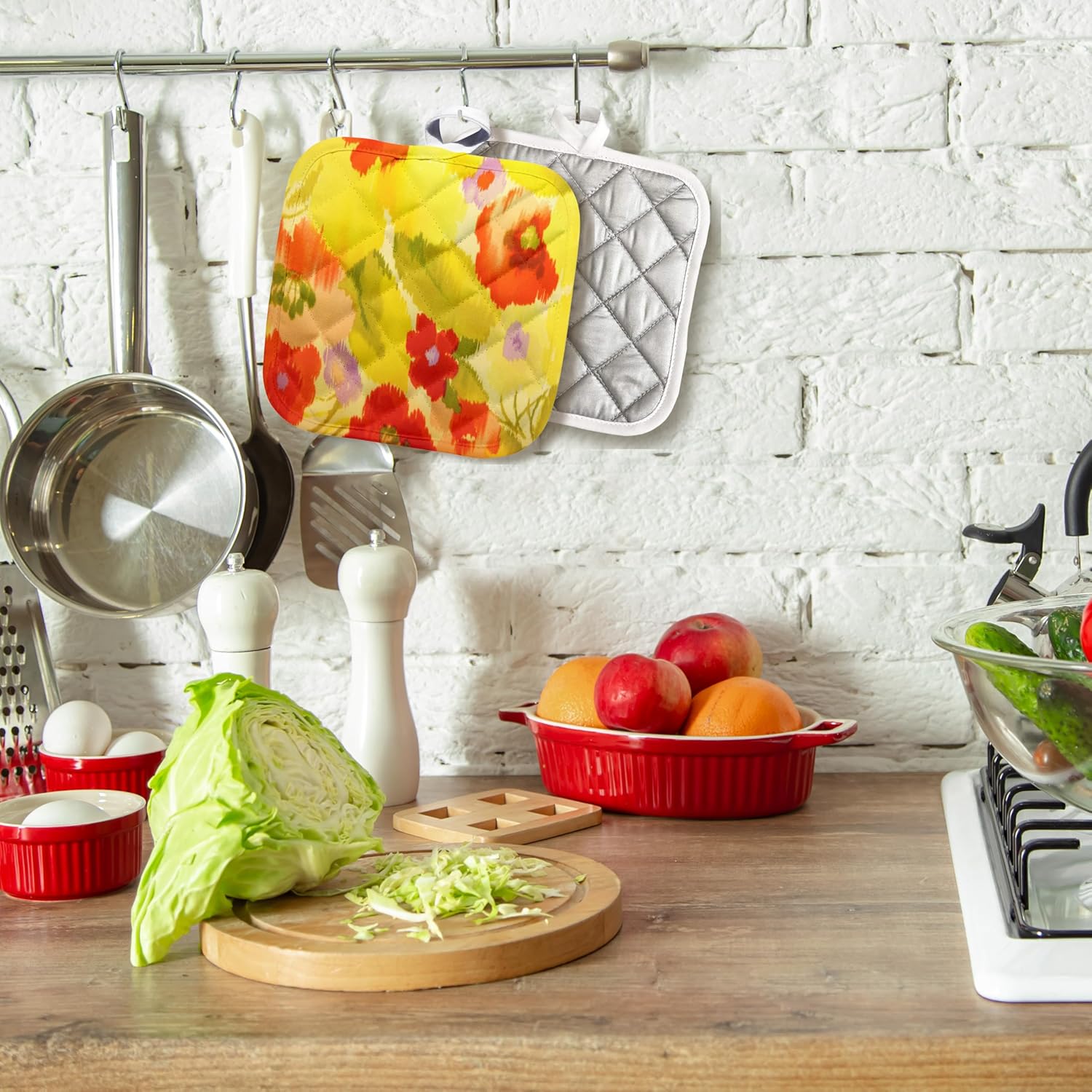 3D Rose N Floral Party Pot Holder, 8" x 8", Red, Yellow, Orange