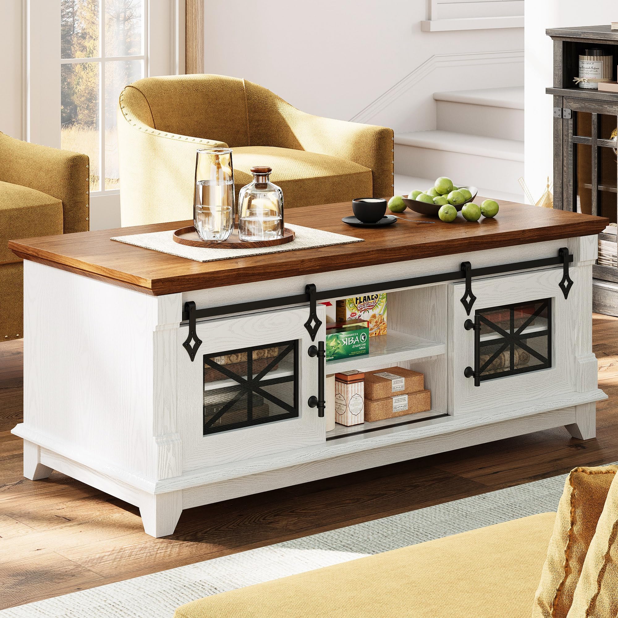 IRONCK 48'' Farmhouse Coffee Table with Sliding Barn Doors, Rustic Center Table with 6 Large Storage Space, Glass Doors and Adjustable Middle Shelf, Wooden Coffee Tables for Living Room, White