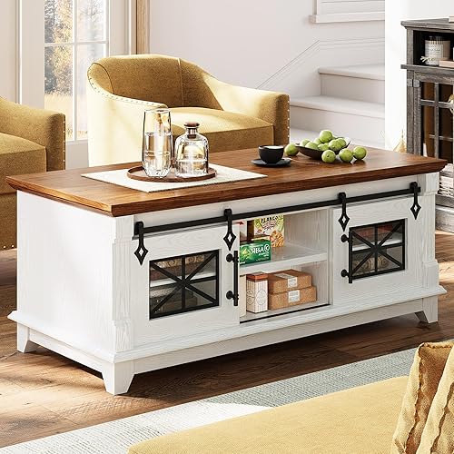 IRONCK Mesa auxiliar de 48 pulgadas con puertas corredizas de granero, mesa central rústica con 6 grandes espacios de almacenamiento, puertas de