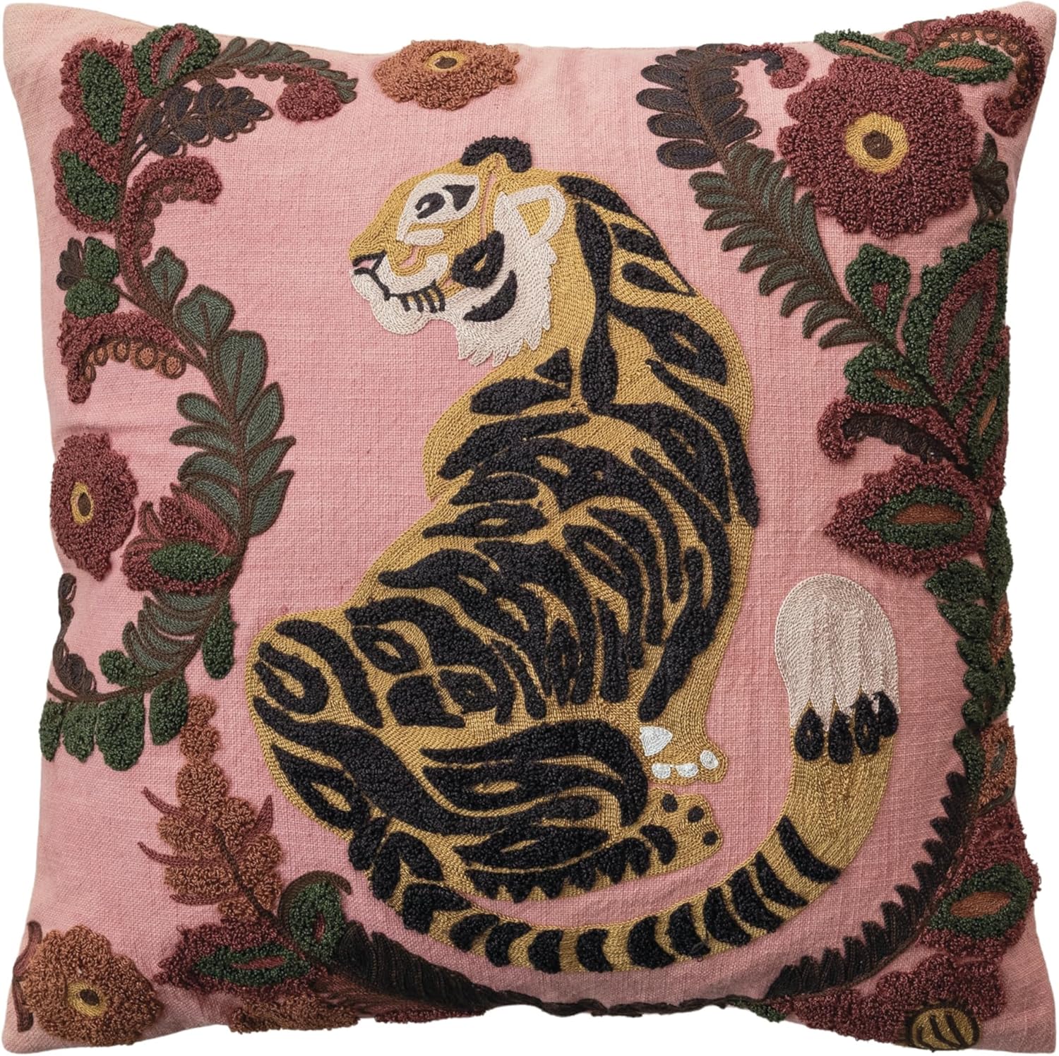 Creative Co-Op Embroidered Tiger and Flowers Cotton Slub Pillow, Multicolor