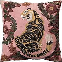 Creative Co-Op Embroidered Tiger & Flowers 20x20 Cotton Slub Throw Pillow - Boho Multicolor Decor
