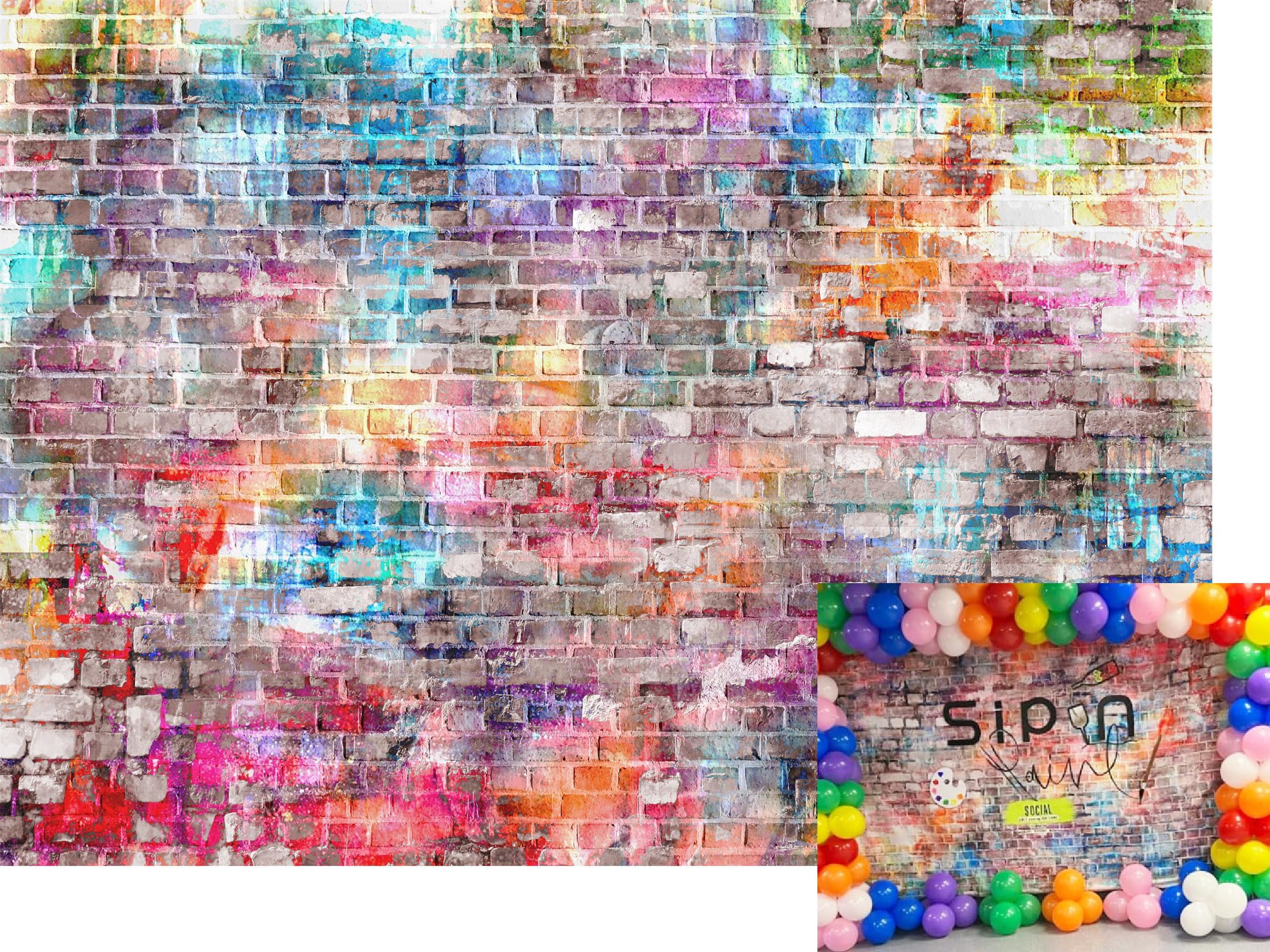 7x5ft Fondale in mattoni, fotografia, vernice colorata, muro di graffiti, discoteca, muratura, per baby shower, festa di compleanno, laurea, ballo di fine anno, sfondo per ufficio