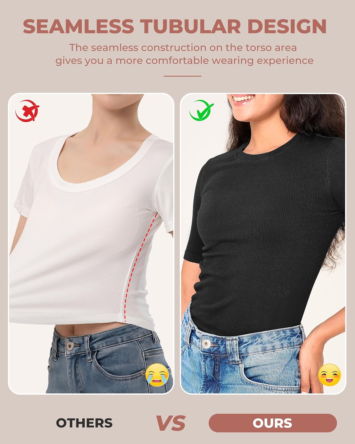 BAMBOO COOL Women's Seamless Tight T-Shirts Slim Fit Basic Ribbed Tees Short Sleeve Crew Neck Top - Image 3