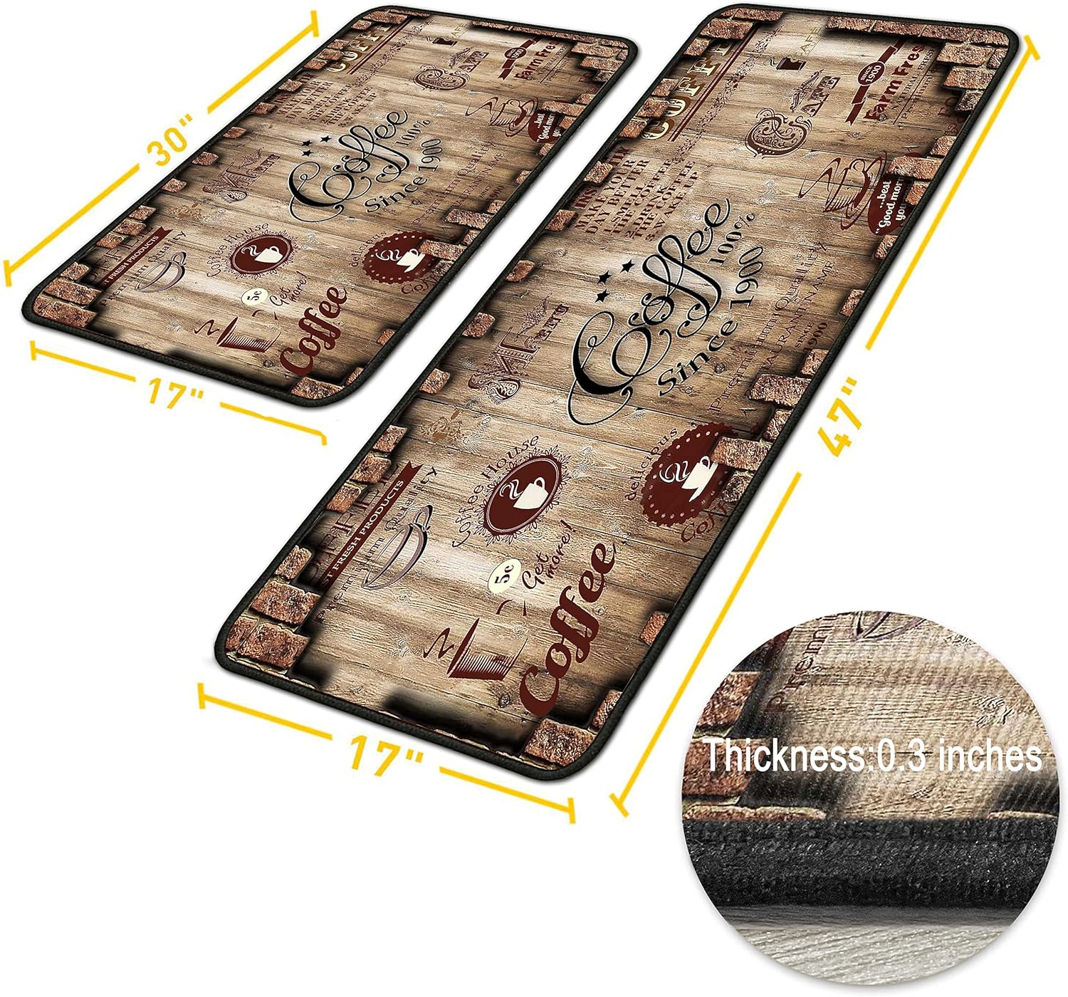Coffee Kitchen Rugs 2 Piece Set for Floor Mat, Non Skid Washable Absorbent Microfiber Coffee Kitchen Mat for in Front of Sink for Standing for Home Coffe Kitchen Decor 17"X30"+17"X47"