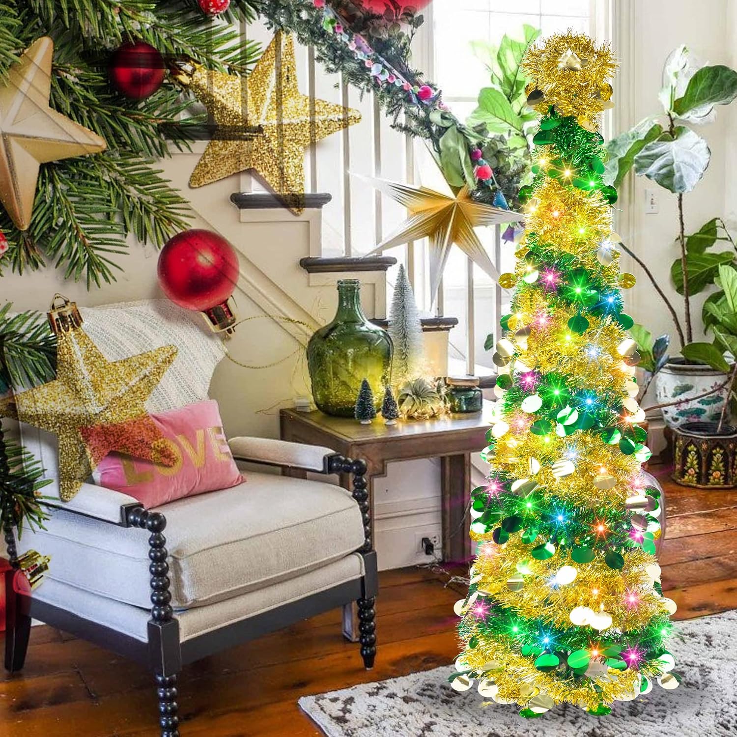 FUNPENY 5 FT Pop up Christmas Tree with 50 LED Multi-Colored Lights, Artificial Tinsel Xmas Tree, Battery Operated Pencil Tree Christmas Decoraitons Indoor Outdoor for Holiday Home Party Decorations
