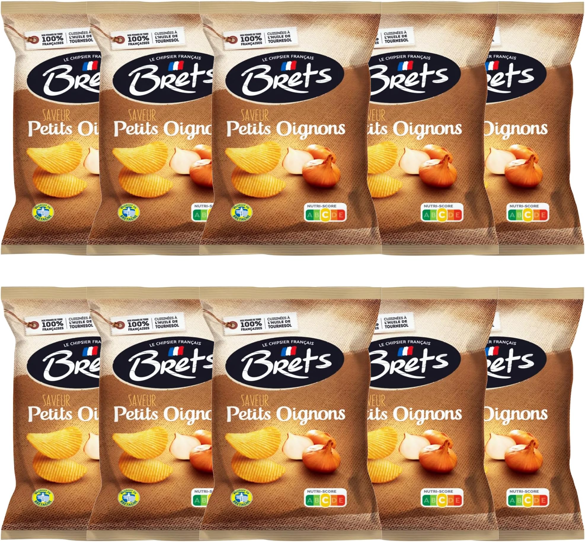 BretsPotato Chips, Petit Onions Flavor, Crinkle Cut, 125g (4.4 oz), 10-Pack Case, Gluten-Free, Made with 100% French Potatoes, No Preservatives, No Added MSG, Made in France
