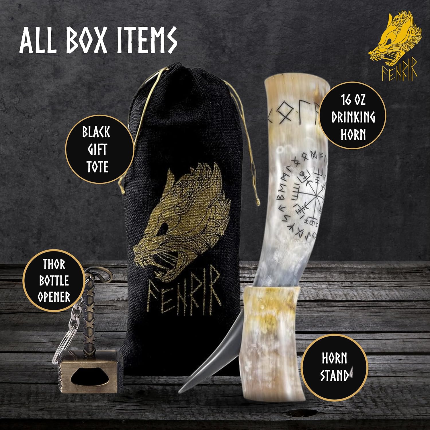 FENRIR Viking Drinking Horn 16oz With Stand Opener For Ale Mead Beer Gift for Men and Women 100% Authentic Handmade Polished Finished Odin & Vegvisir Engraved - Image 2